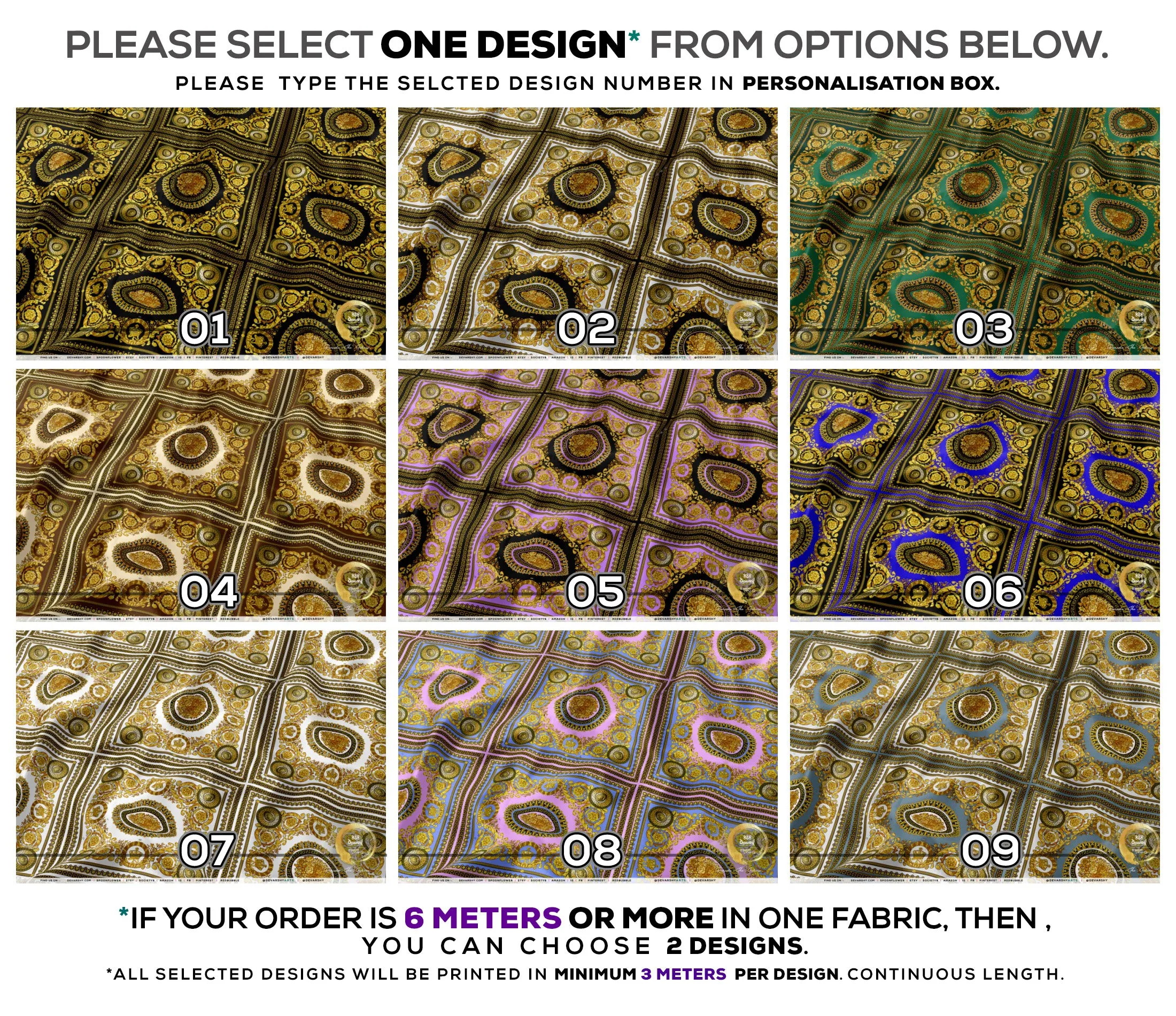 Gold Medallion Apparel Fabric 3Meters , 9 Designs | 8 Fabrics Option | Fabric By the Yard | 030