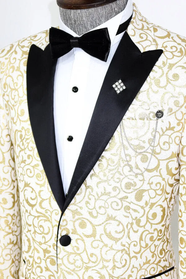 Gold Scroll Patterned Over White Men Wedding Tuxedo Jacket - Wessi