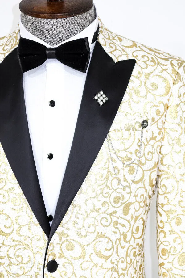 Gold Scroll Patterned Over White Men Wedding Tuxedo Jacket - Wessi