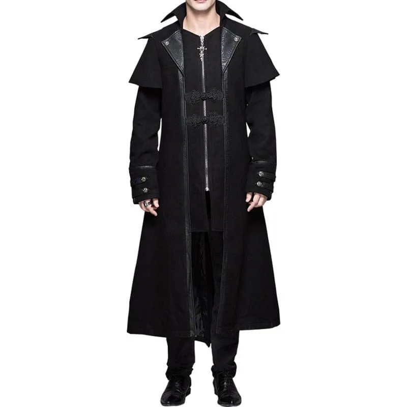 Gothic Steampunk Battle Cosplay Long Black Coat with Leather Accents