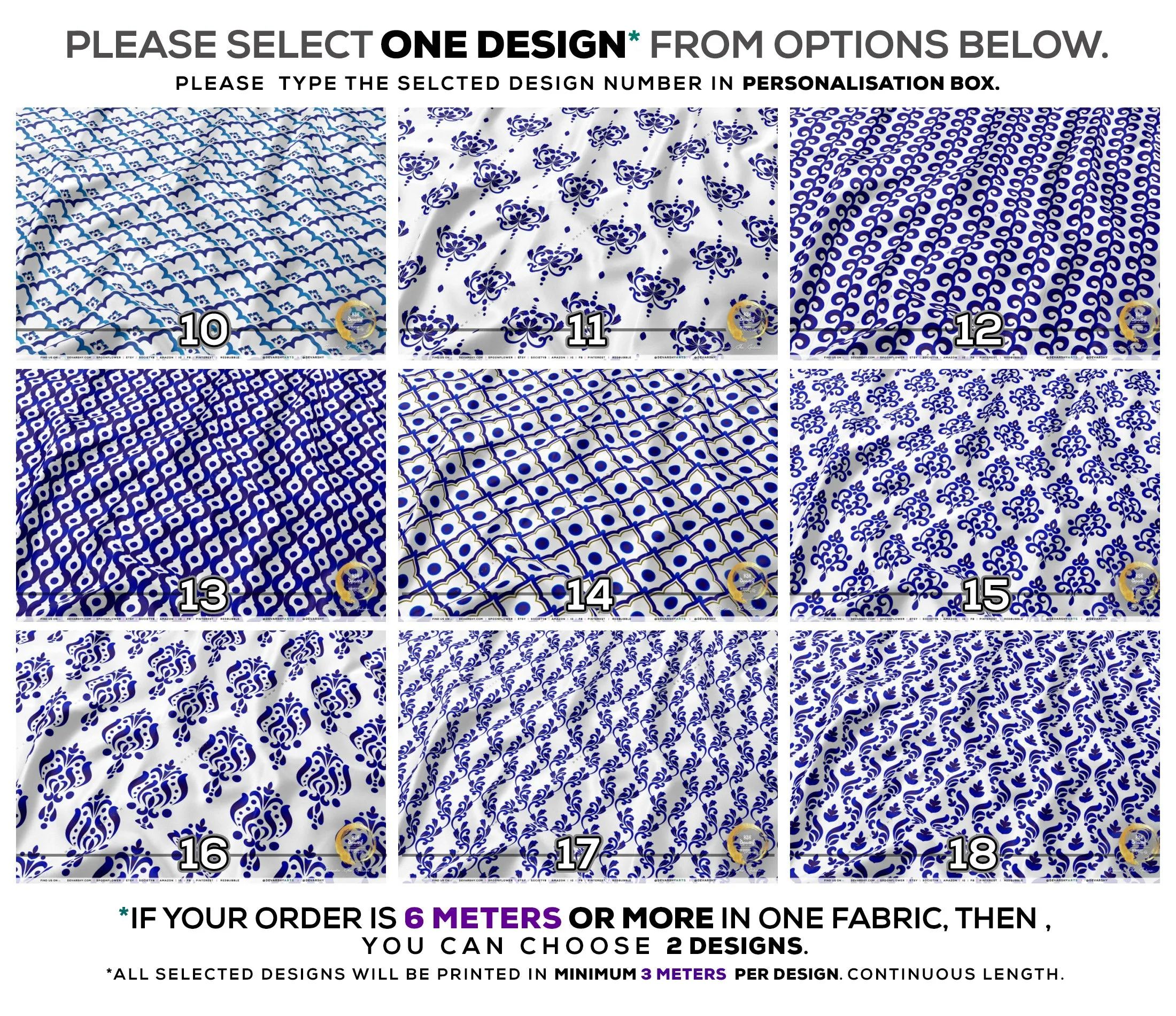 Indigo Pattern Apparel Fabric 3Meters , 9 Designs | 8 Fabrics Option | Fabric By the Yard | 034