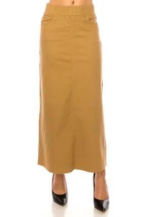 Jessie Classic Waistband Long Denim Skirt in Khaki