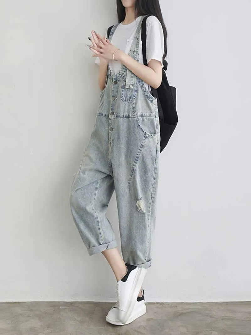 Keep Your dreams Save Denim Ripped Overall Dungarees