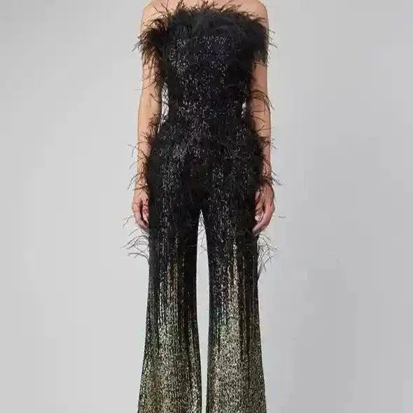 Kelsey Feather Trimmed Sequined Jumpsuit