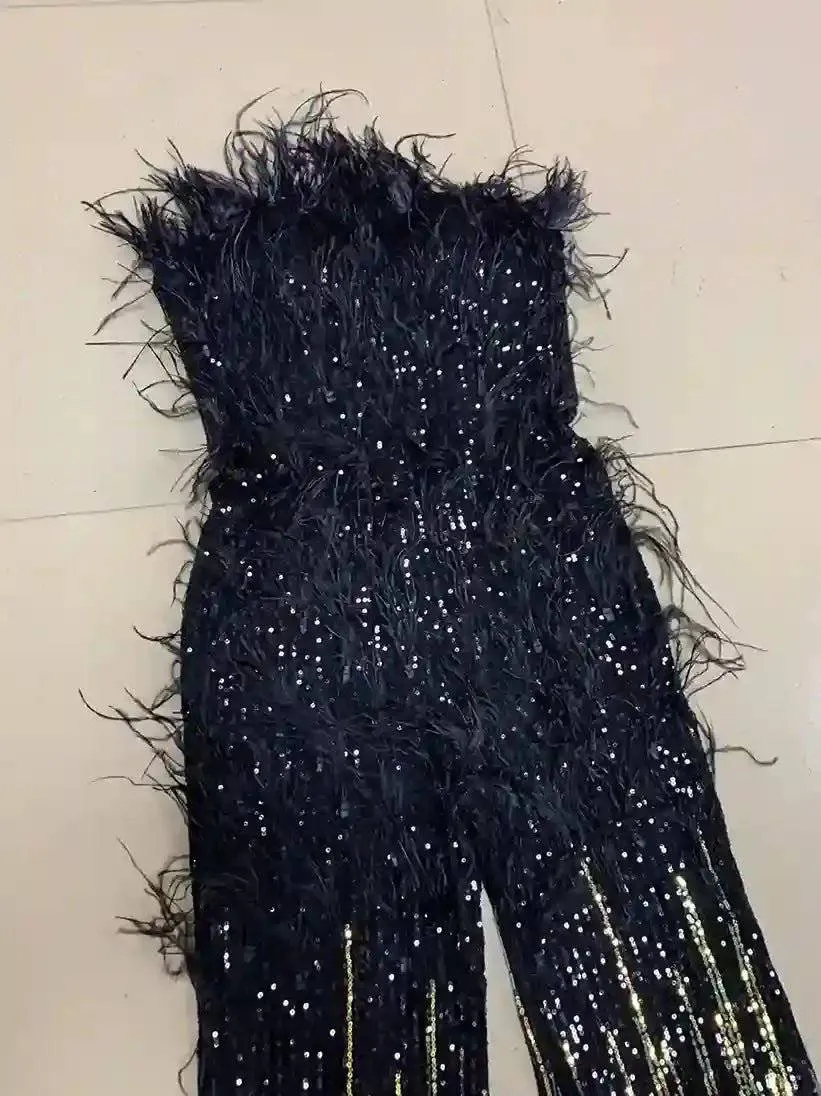 Kelsey Feather Trimmed Sequined Jumpsuit