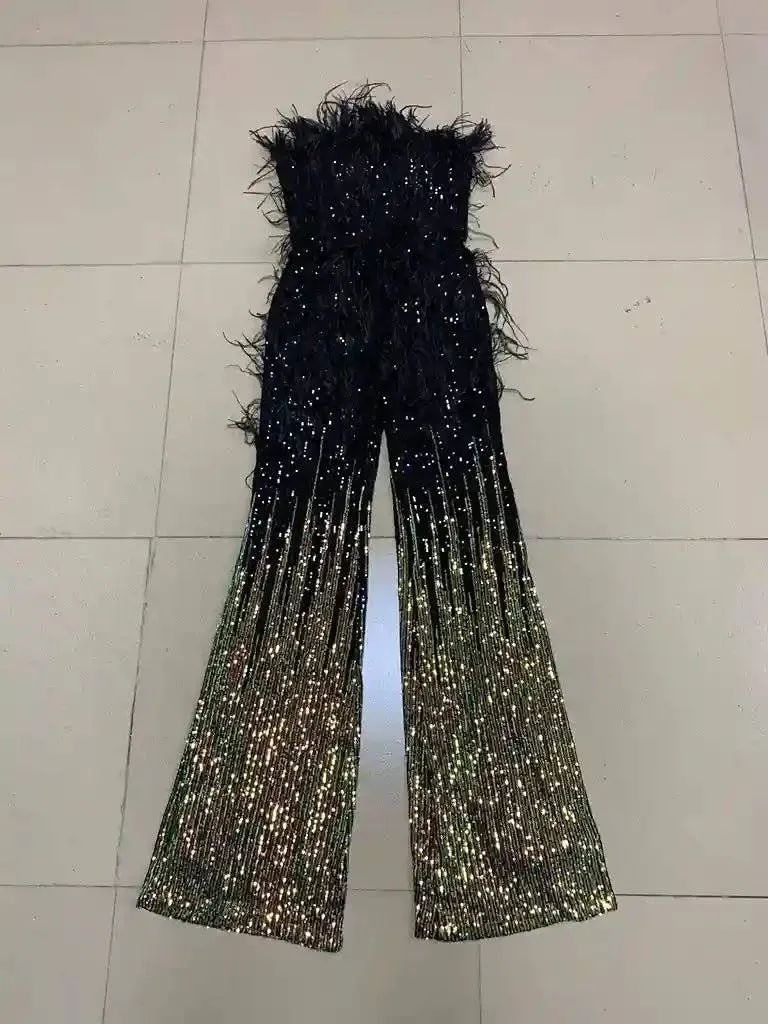 Kelsey Feather Trimmed Sequined Jumpsuit