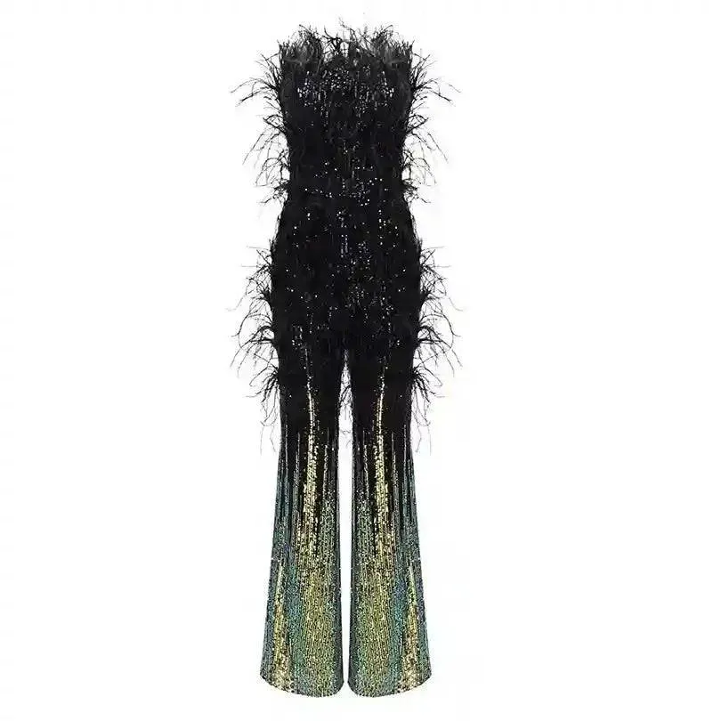 Kelsey Feather Trimmed Sequined Jumpsuit