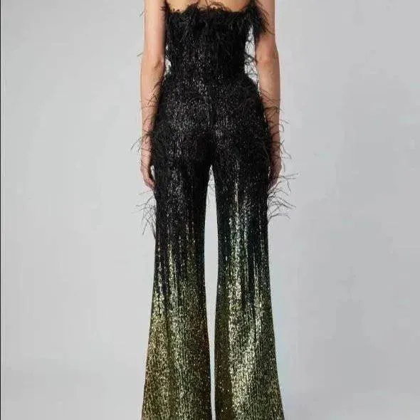 Kelsey Feather Trimmed Sequined Jumpsuit