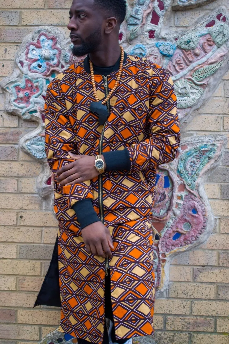 Kente Trench Coat in Orange Print