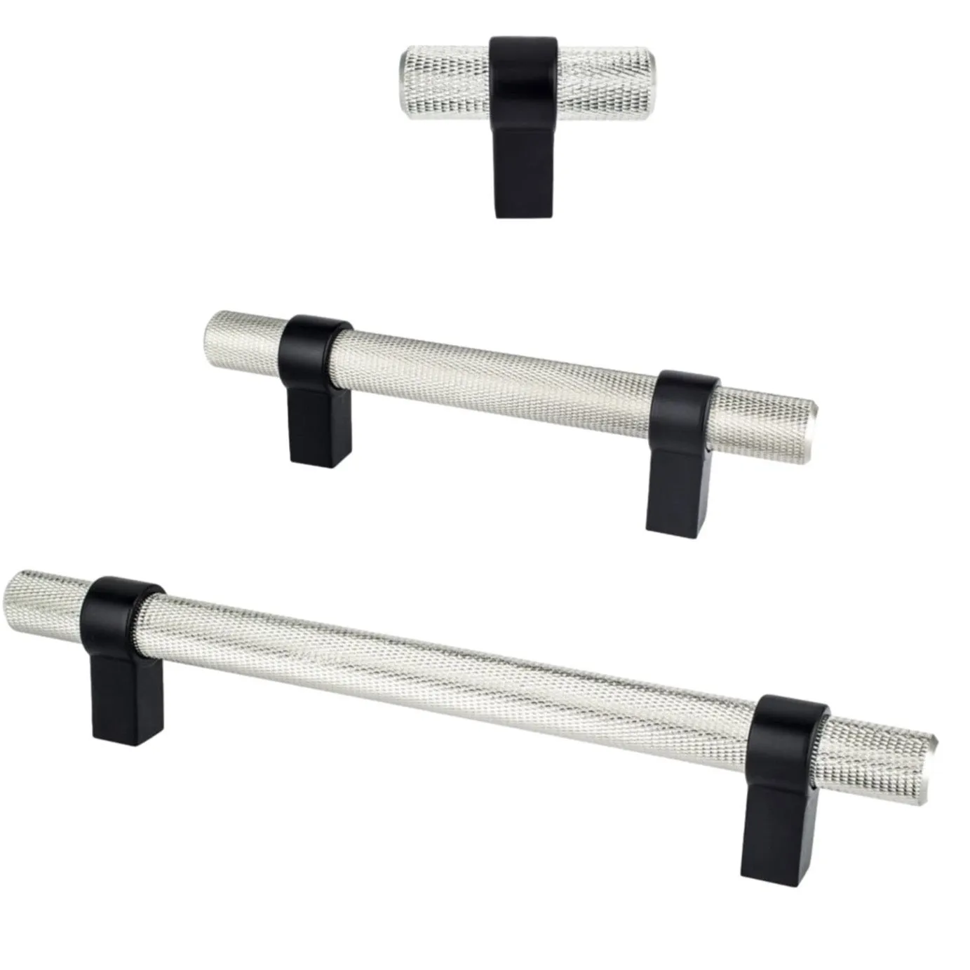 Knurled "Prelude" Matte Black and Brushed Nickel Cabinet Knobs and Drawer Pulls