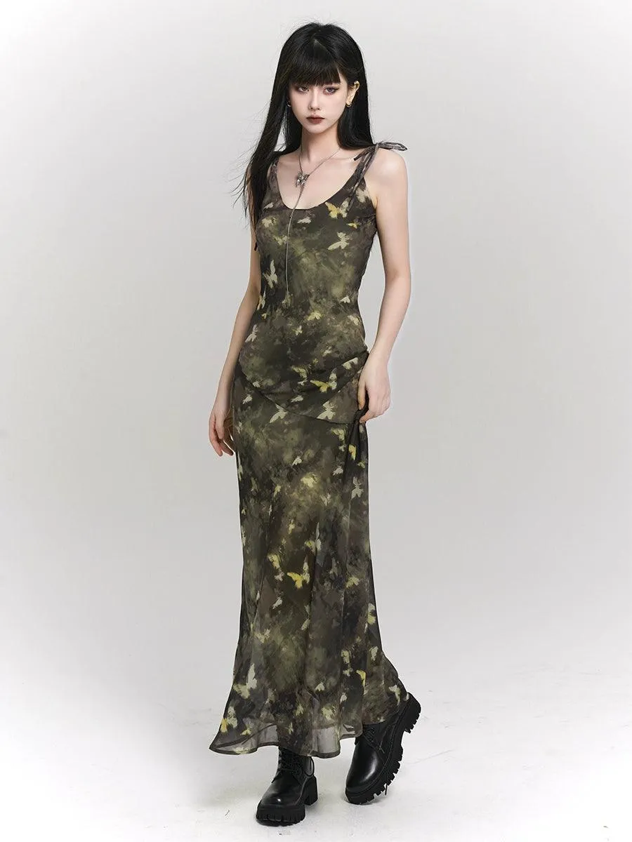 Ladyghost Woodland Whisper Maxi Dress - Women'S Camo-Inspired Butterfly Print Slip Dress