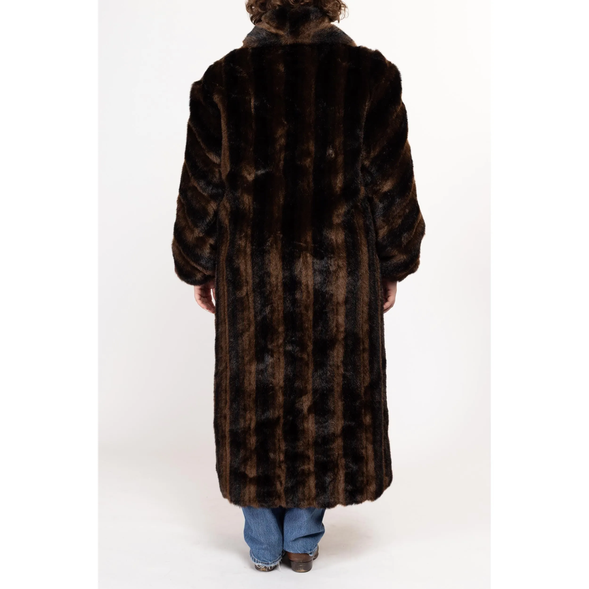 Large 80s Brown & Black Striped Faux Fur Maxi Coat