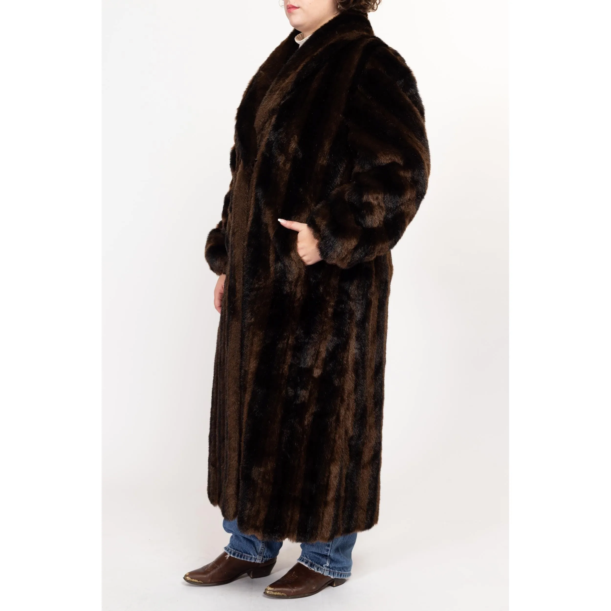 Large 80s Brown & Black Striped Faux Fur Maxi Coat