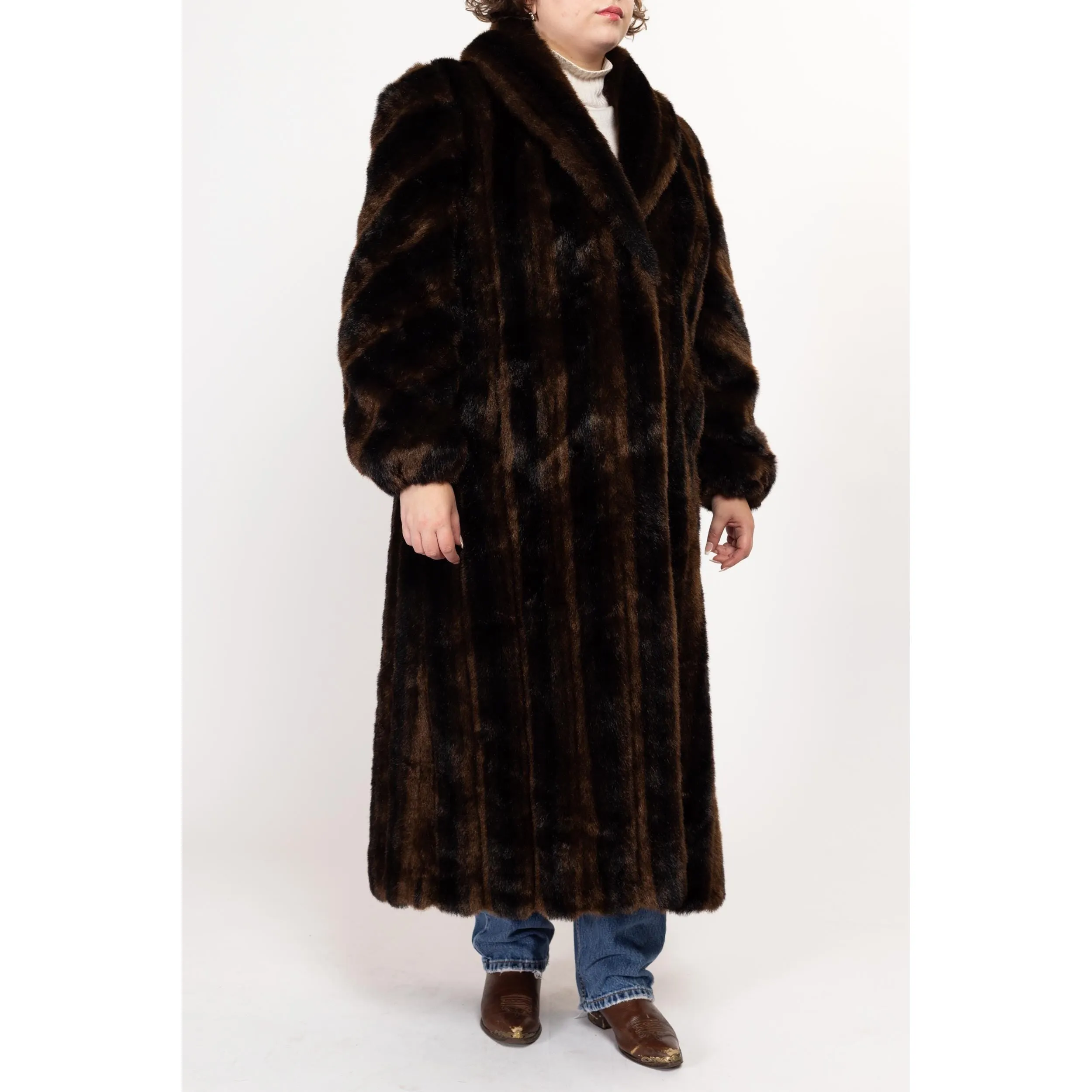 Large 80s Brown & Black Striped Faux Fur Maxi Coat