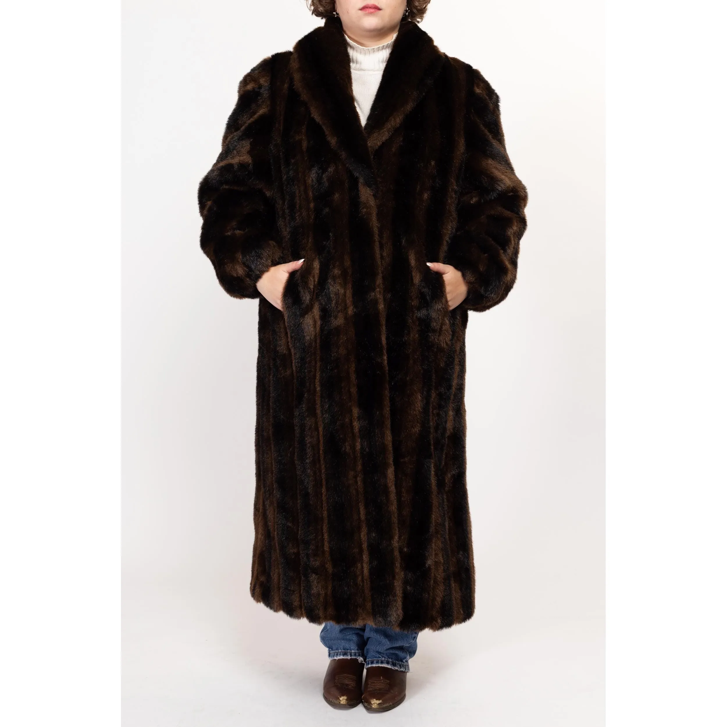 Large 80s Brown & Black Striped Faux Fur Maxi Coat