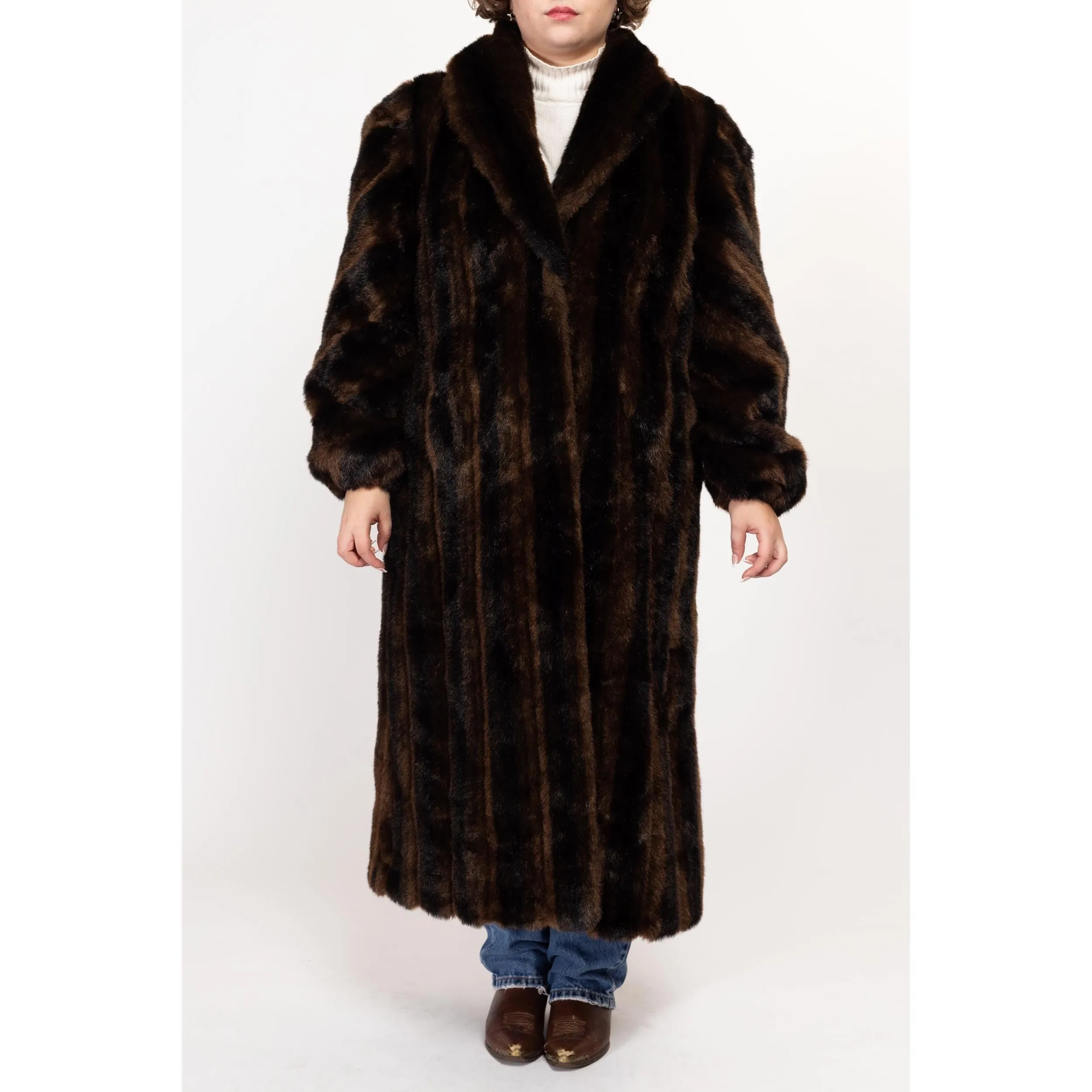 Large 80s Brown & Black Striped Faux Fur Maxi Coat