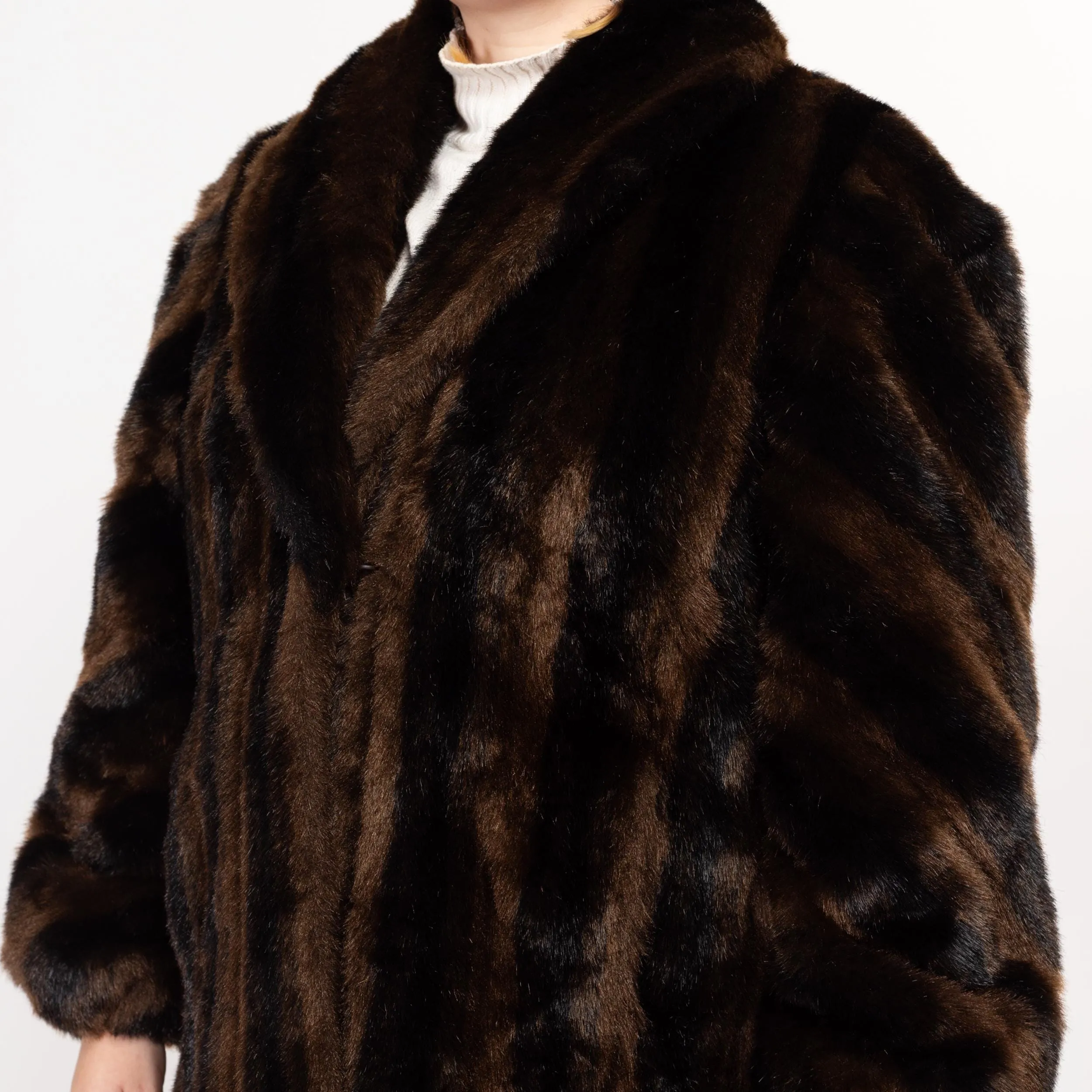 Large 80s Brown & Black Striped Faux Fur Maxi Coat