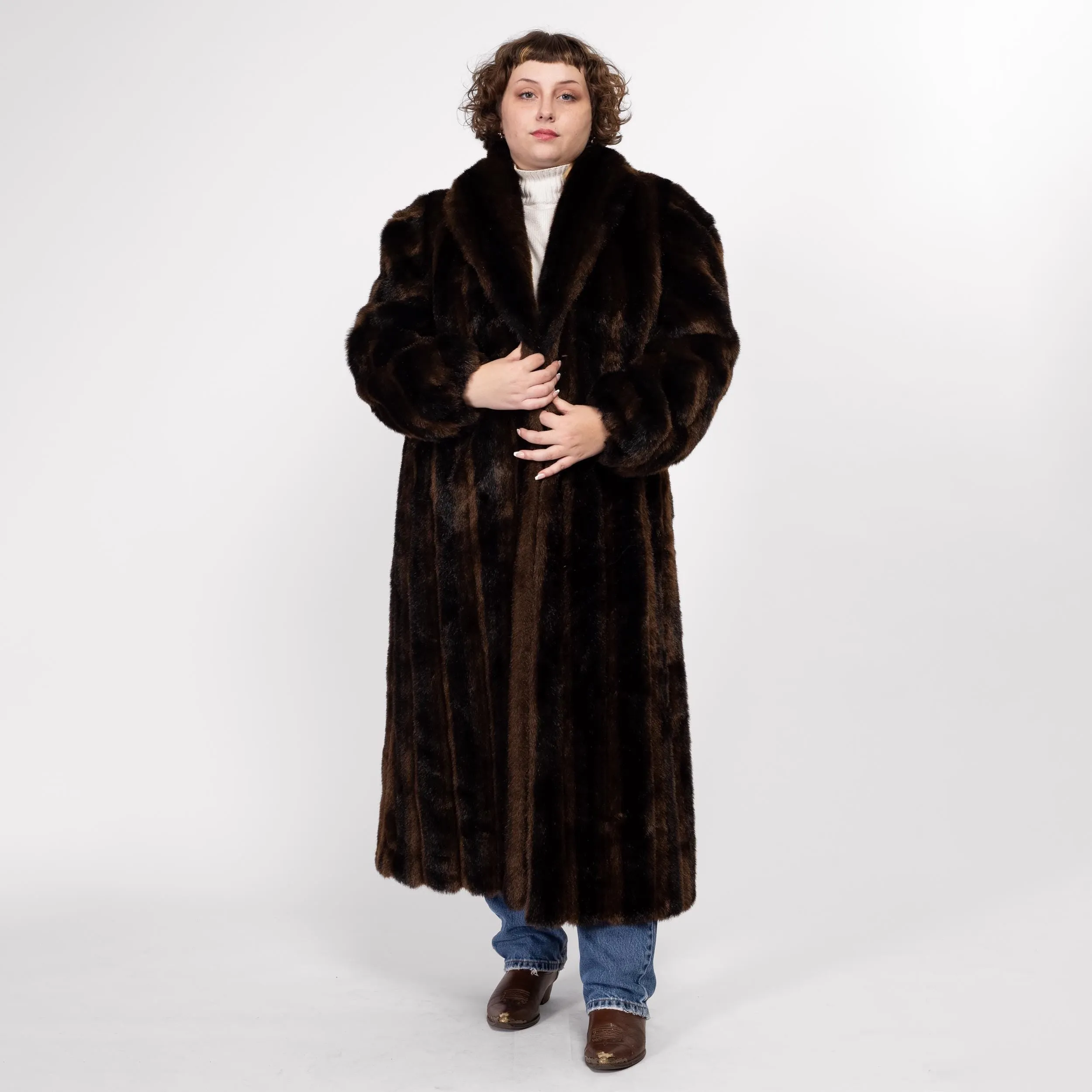 Large 80s Brown & Black Striped Faux Fur Maxi Coat