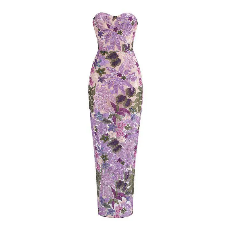 Lucyle Bandeau Floral Sequined Maxi Dress