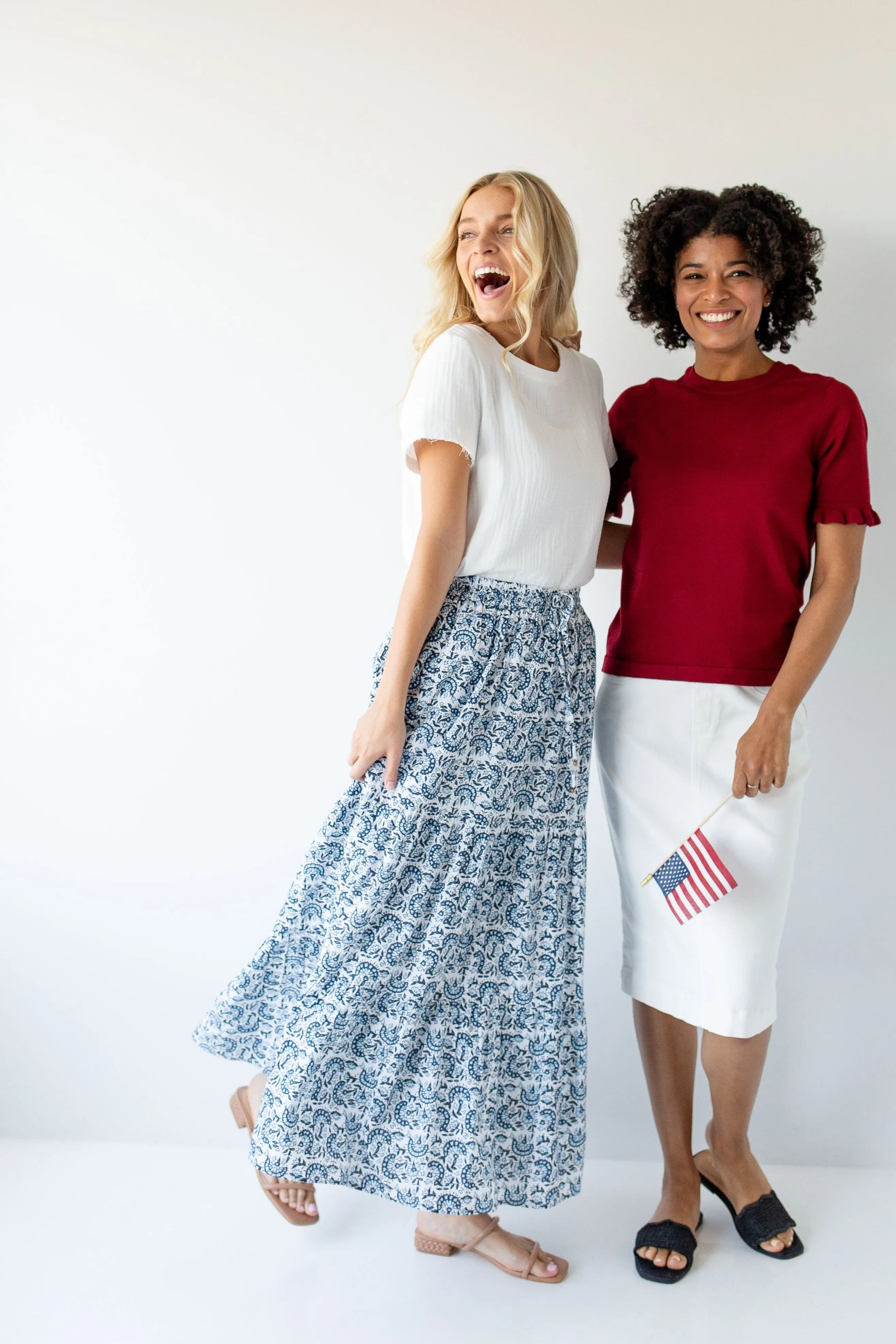 'Martha' Blue Gardenia Cotton Maxi Skirt in Ivory