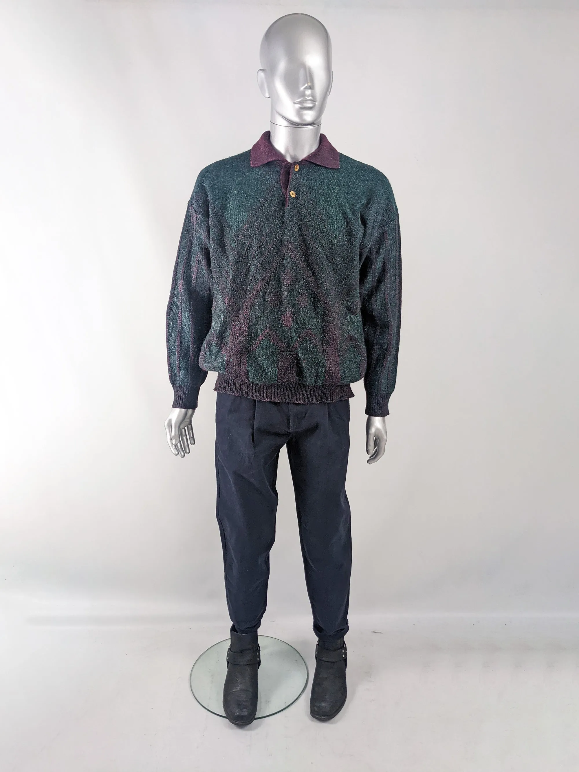 Maximilian Vintage Italian Mens Collared Green Sweater, 1980s