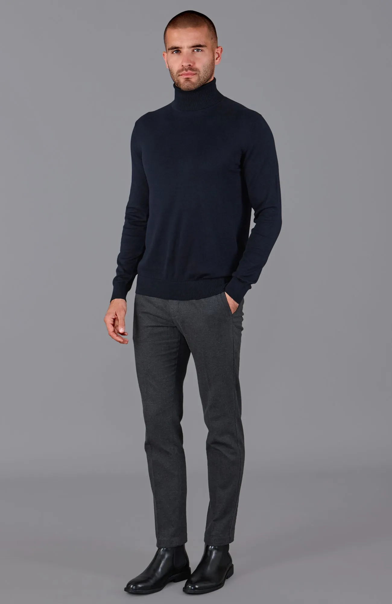 Mens Ultra Fine Cotton Roll Neck Jumper