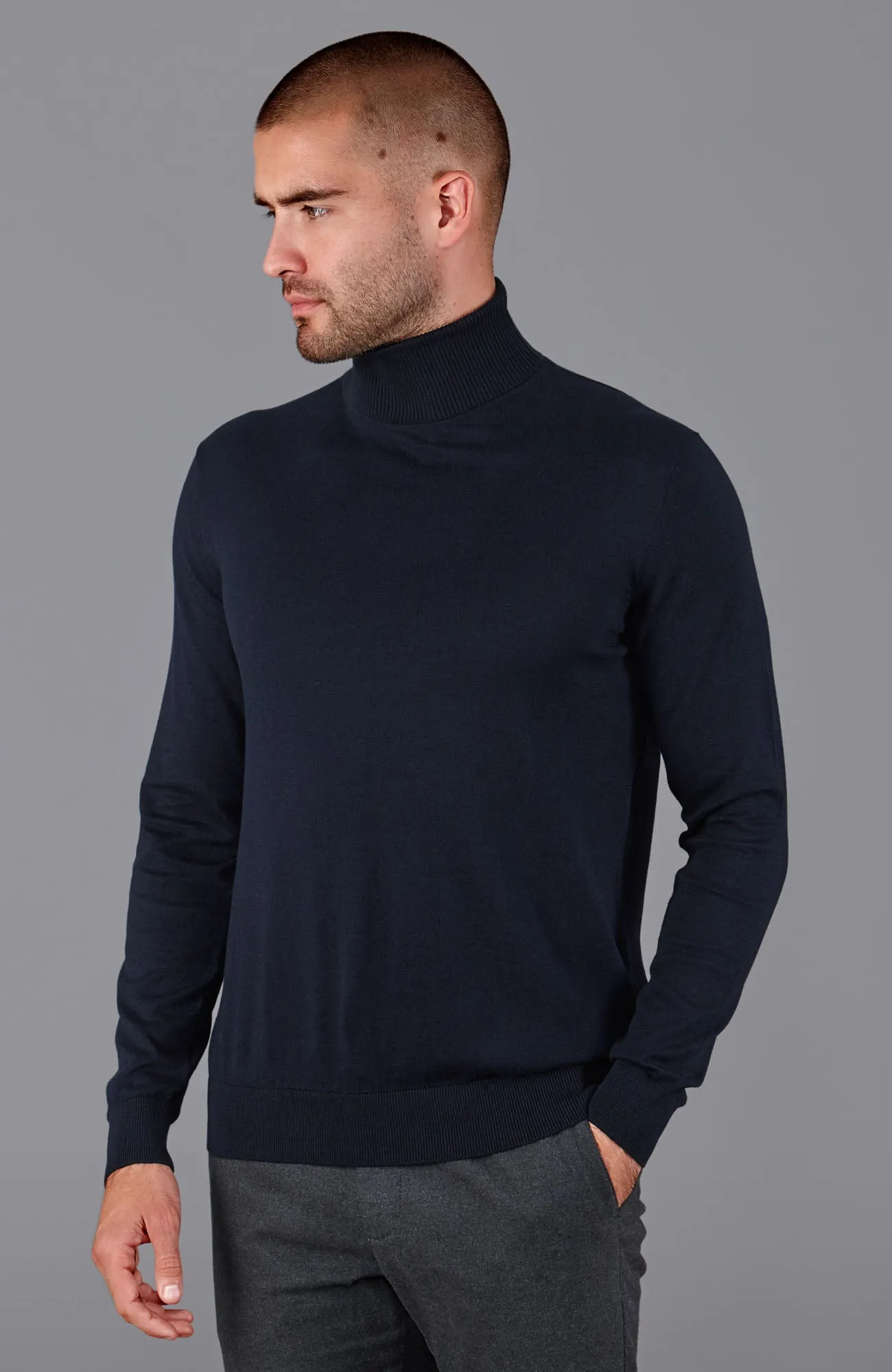 Mens Ultra Fine Cotton Roll Neck Jumper