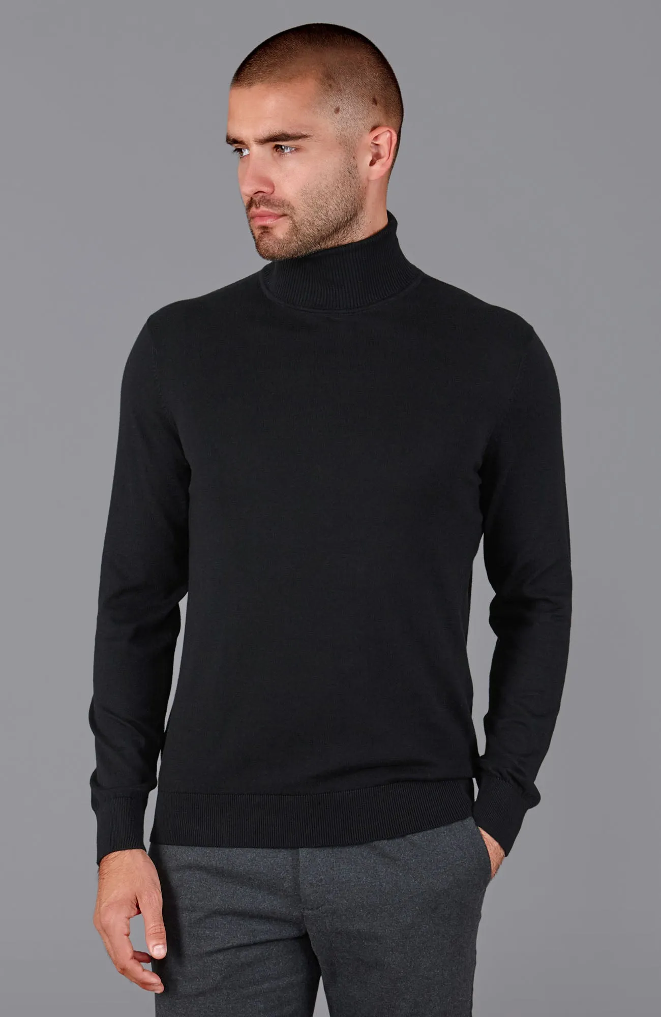 Mens Ultra Fine Cotton Roll Neck Jumper