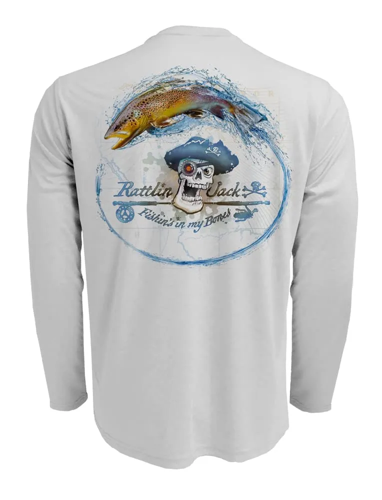 Men's UV Skull Logo Brown Trout by Rattlin Jack | Long Sleeve | UPF 50 Sun Protection | Performance Polyester Rash Guard |