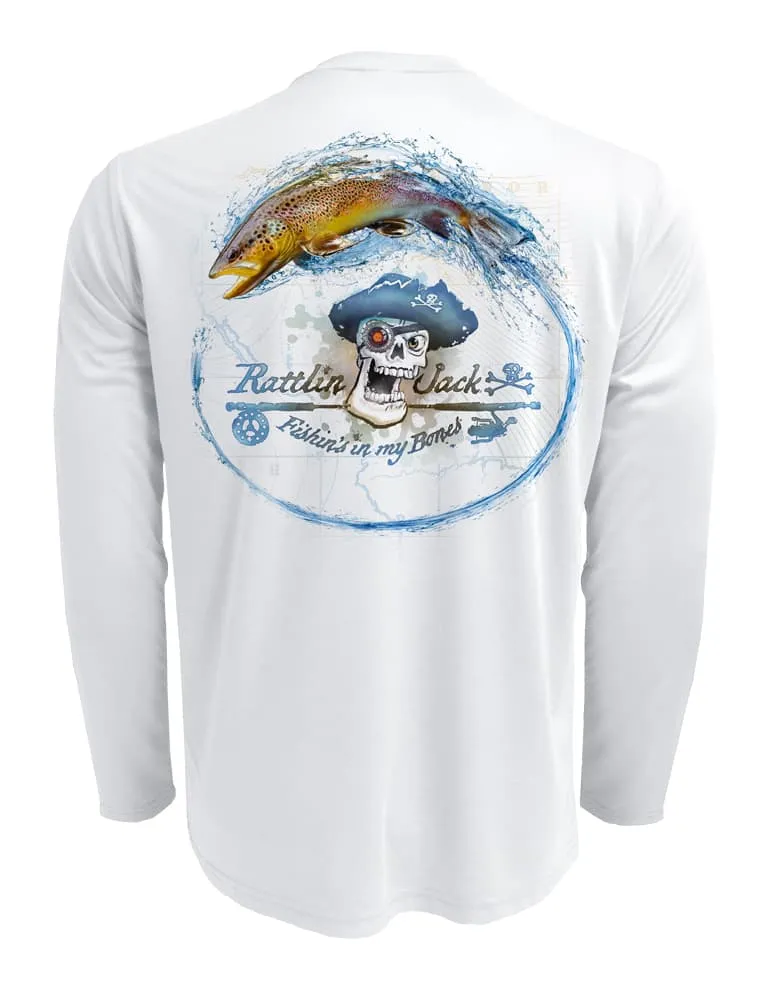 Men's UV Skull Logo Brown Trout by Rattlin Jack | Long Sleeve | UPF 50 Sun Protection | Performance Polyester Rash Guard |