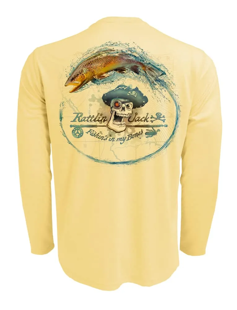 Men's UV Skull Logo Brown Trout by Rattlin Jack | Long Sleeve | UPF 50 Sun Protection | Performance Polyester Rash Guard |