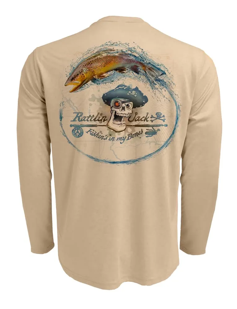 Men's UV Skull Logo Brown Trout by Rattlin Jack | Long Sleeve | UPF 50 Sun Protection | Performance Polyester Rash Guard |