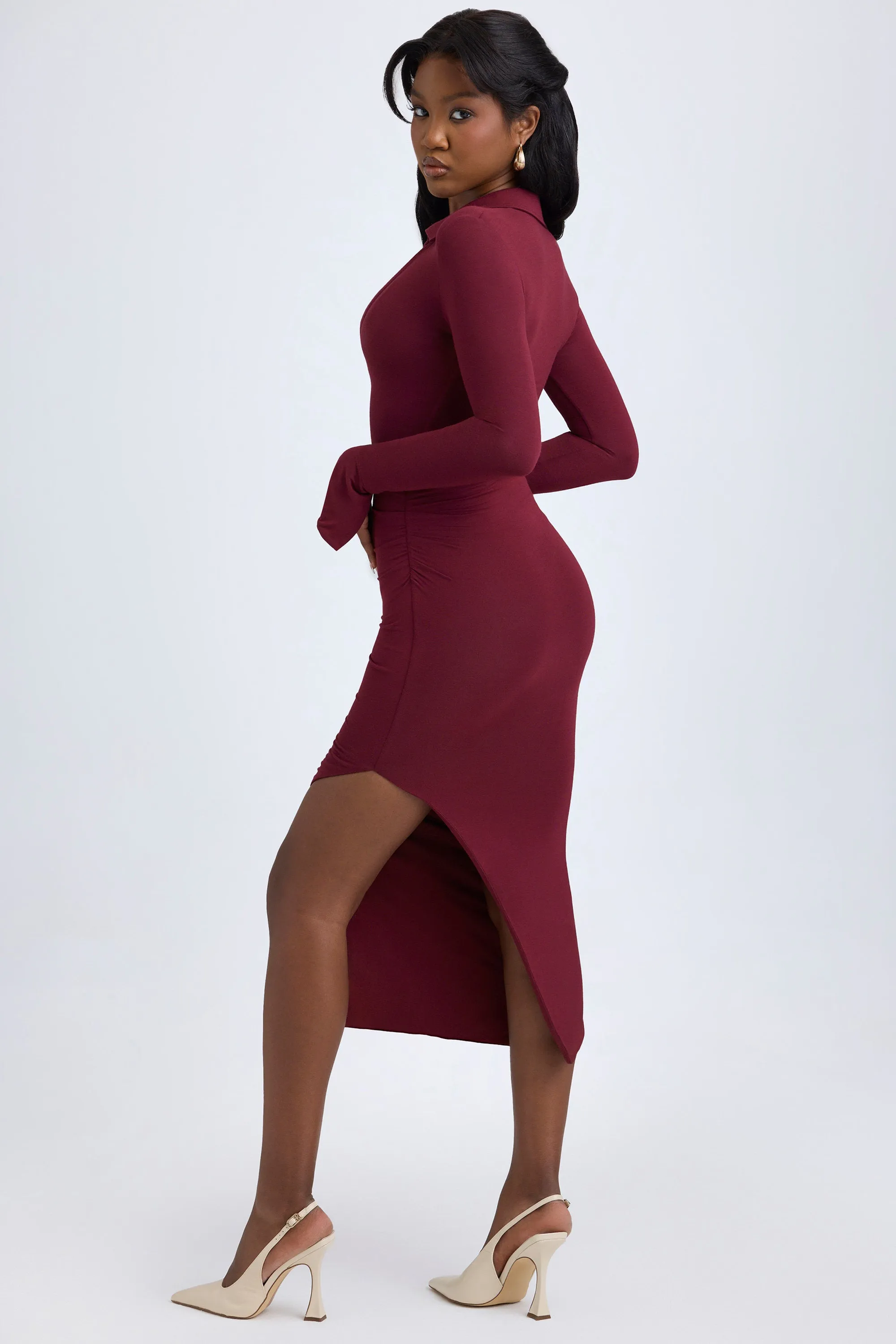 Modal Plunge V-Neck Midaxi Dress in Wine Red