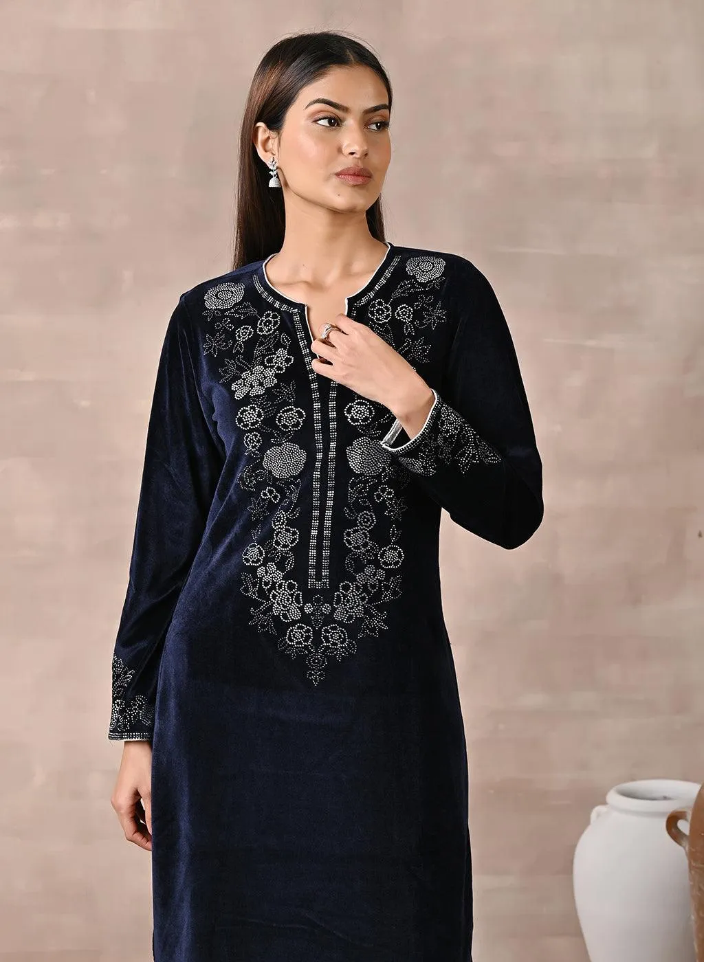 Navy Blue Velvet Kurta with Fine Mirror Beads Work