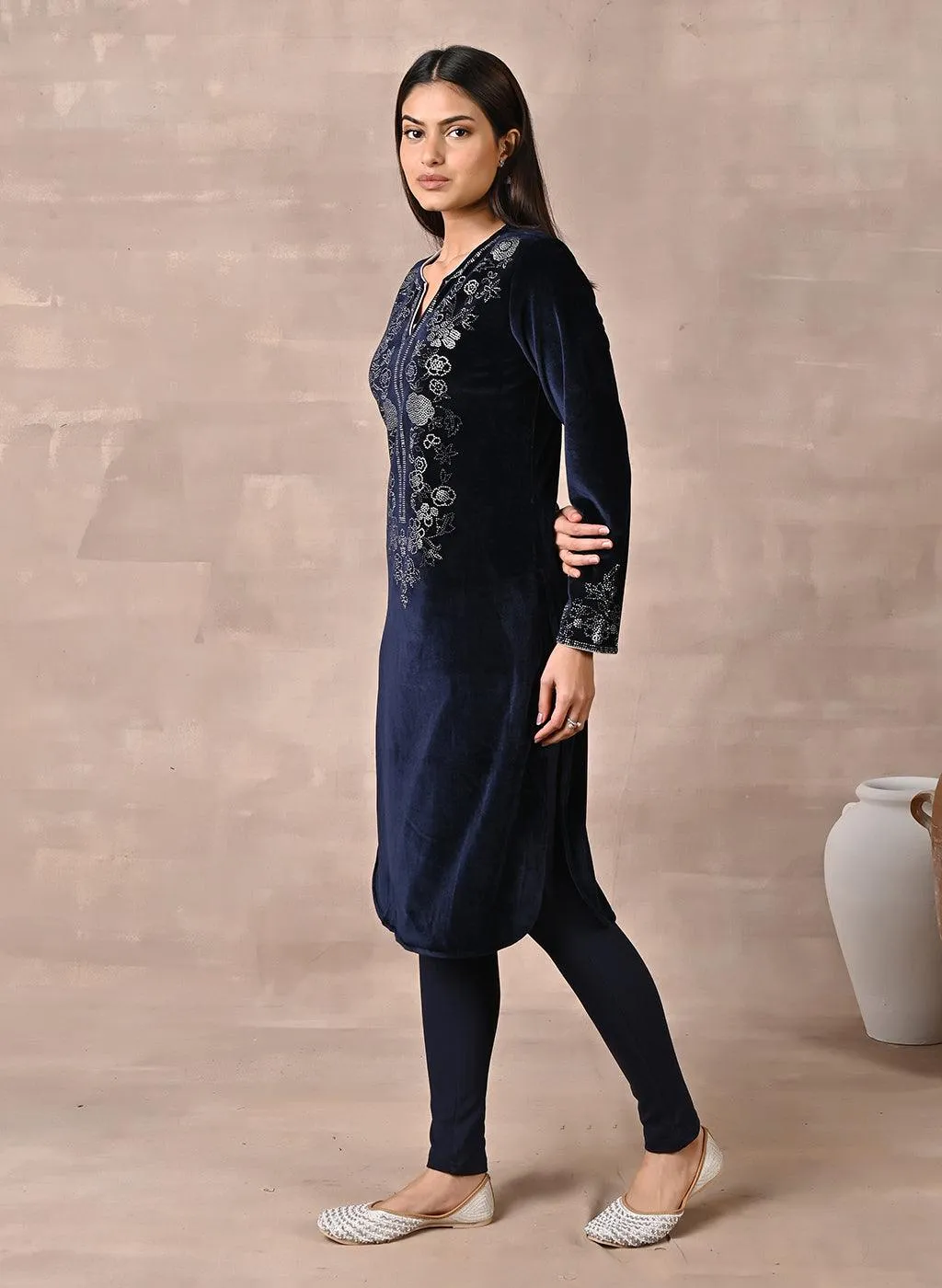 Navy Blue Velvet Kurta with Fine Mirror Beads Work