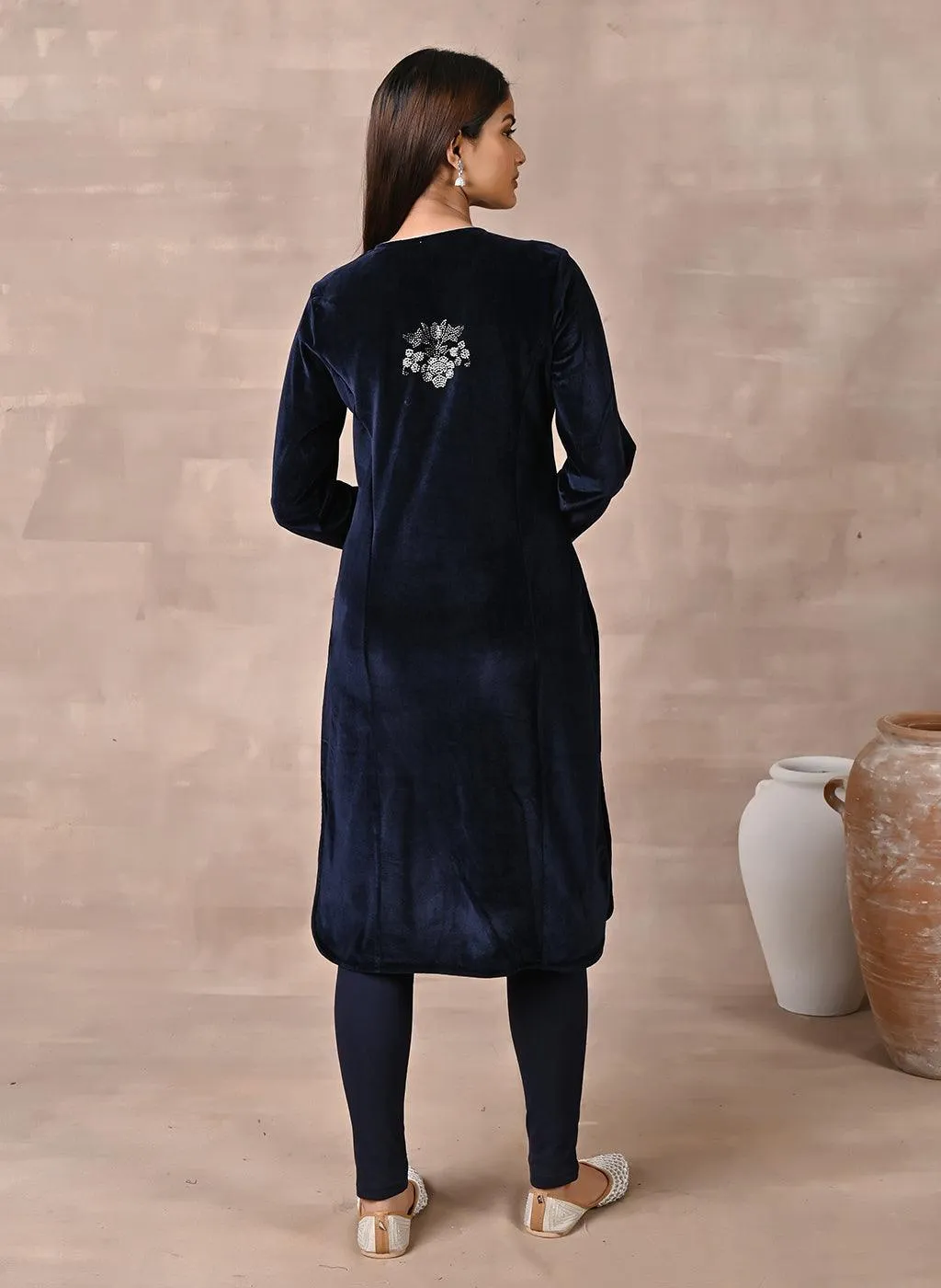 Navy Blue Velvet Kurta with Fine Mirror Beads Work