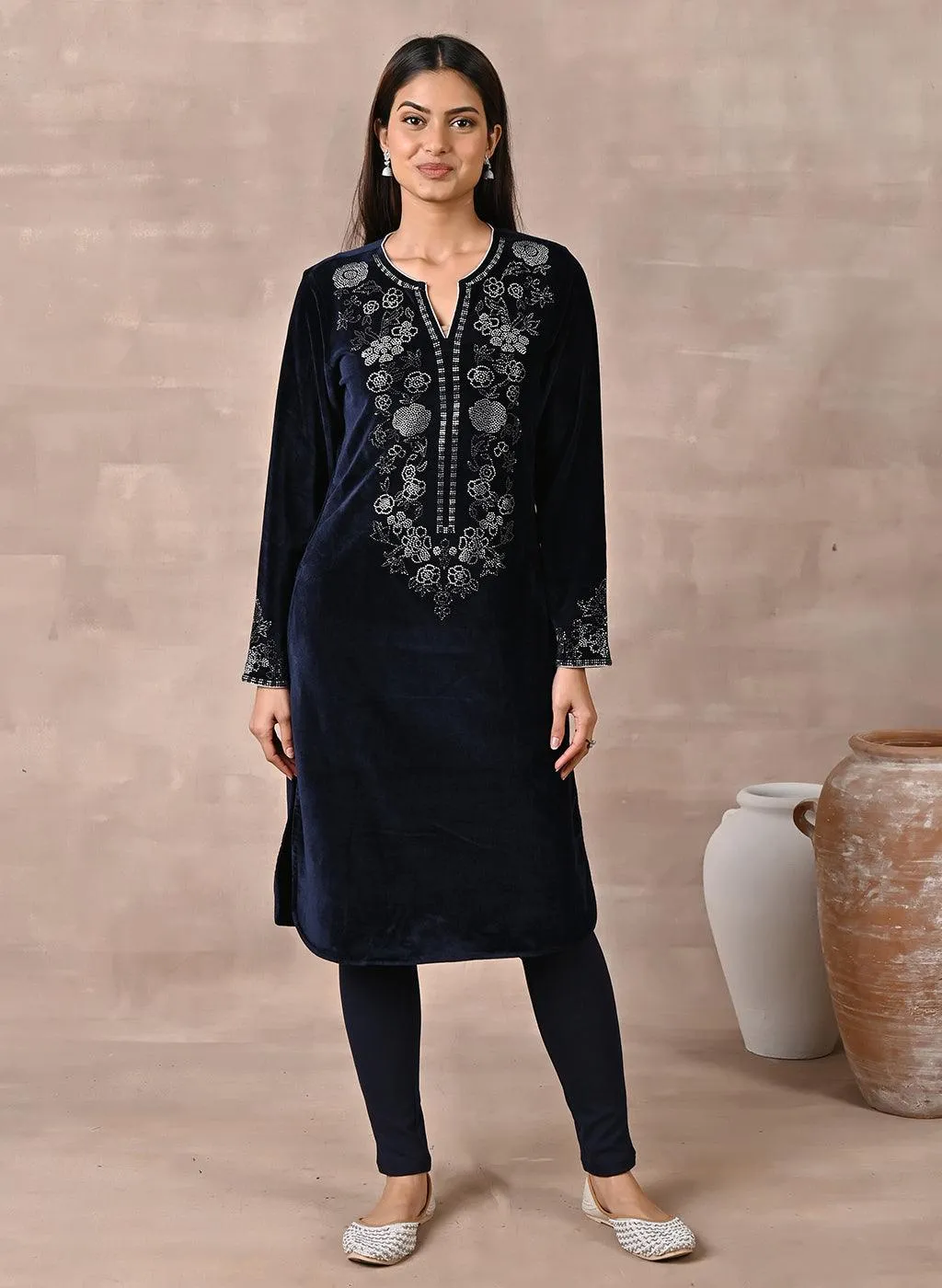 Navy Blue Velvet Kurta with Fine Mirror Beads Work