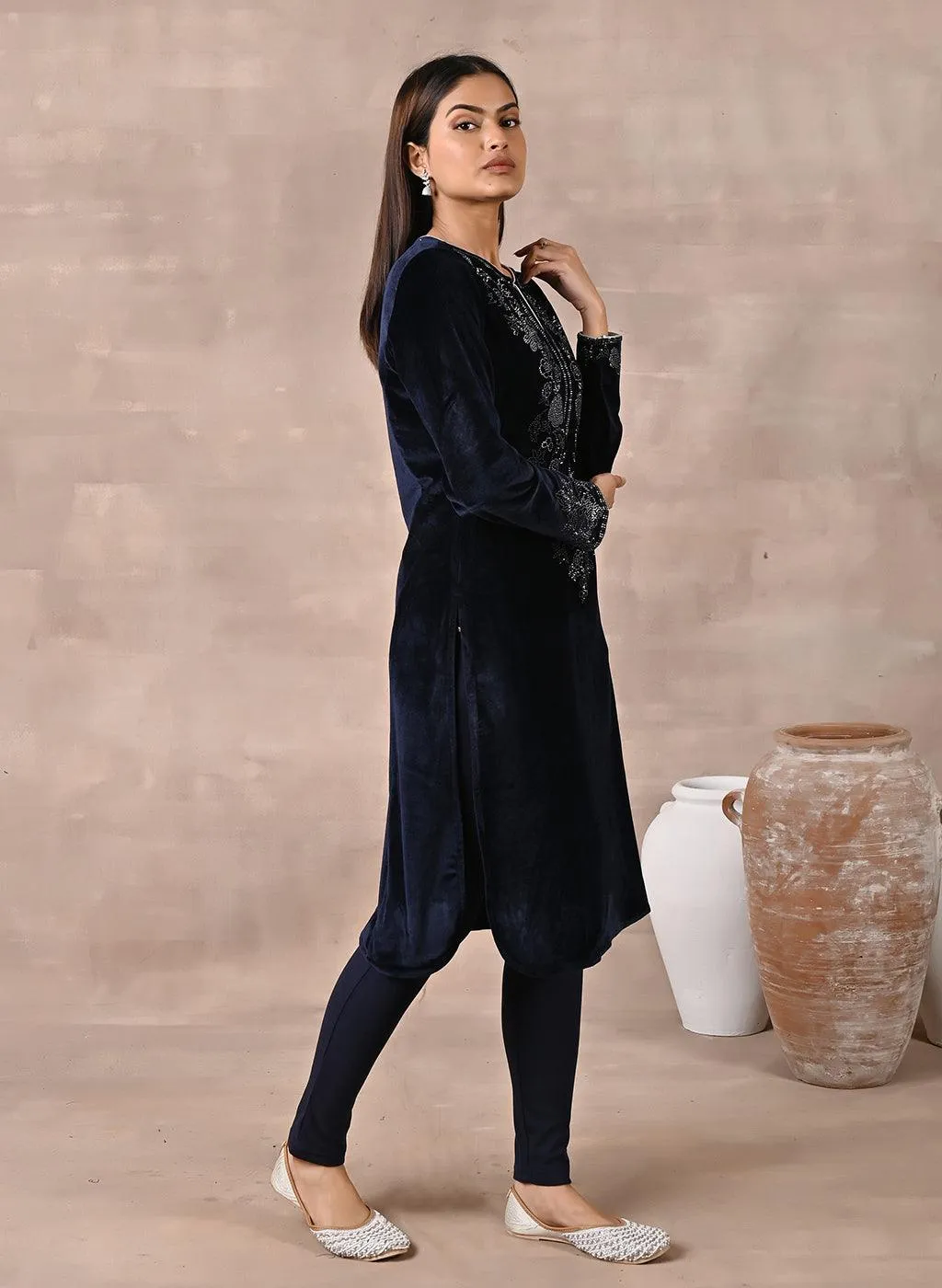 Navy Blue Velvet Kurta with Fine Mirror Beads Work