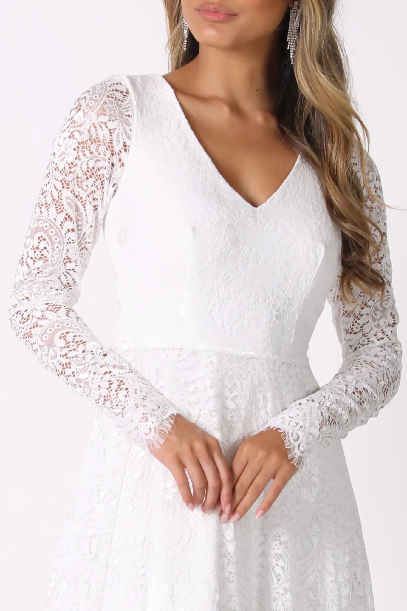 NISHA Long Sleeve A-Line Lace Gown - White