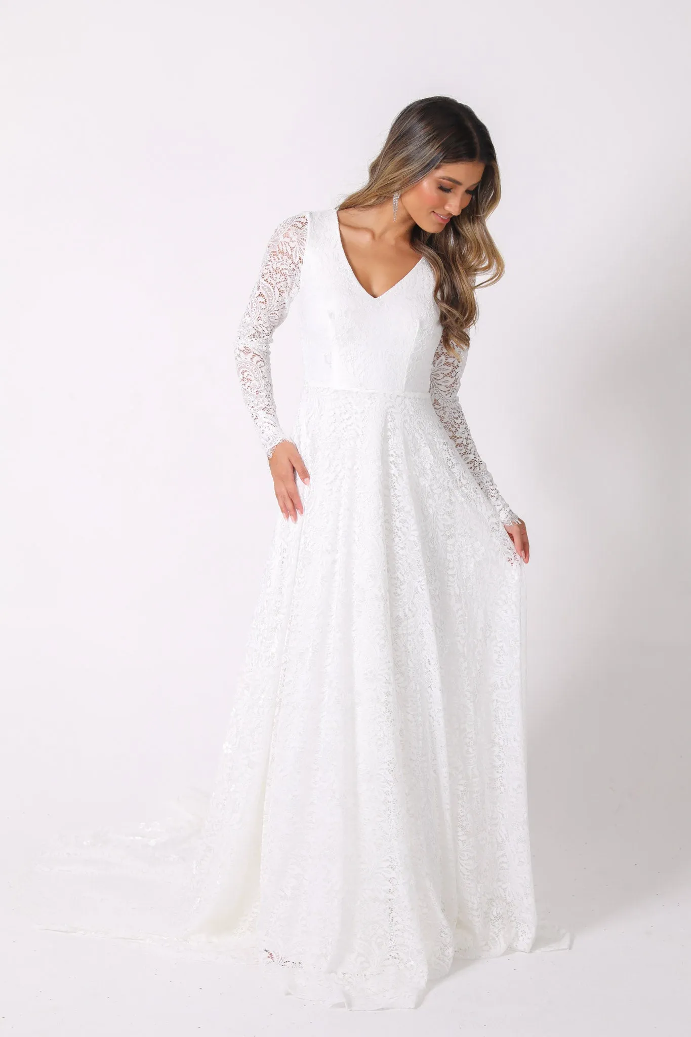 NISHA Long Sleeve A-Line Lace Gown - White