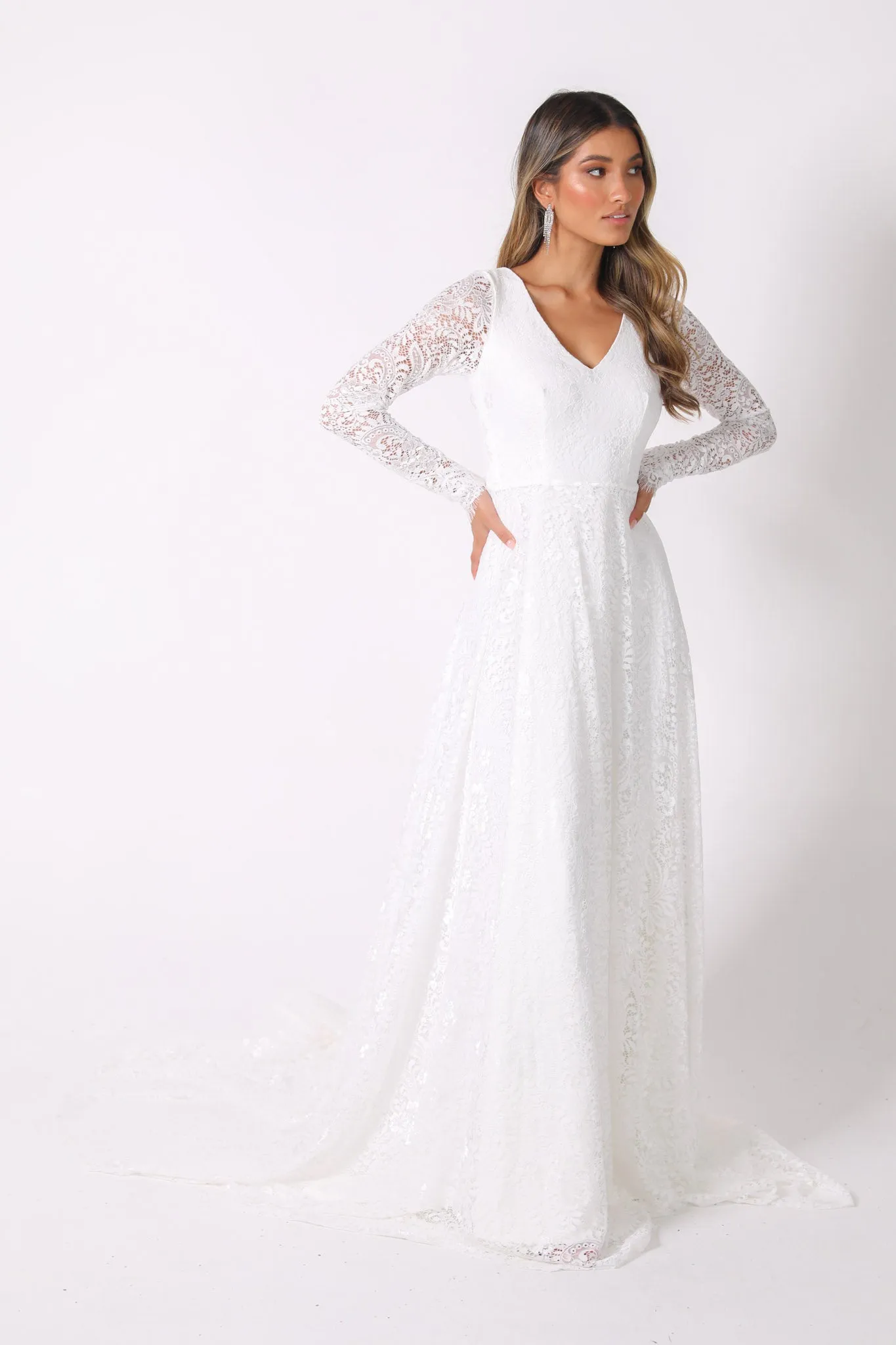 NISHA Long Sleeve A-Line Lace Gown - White