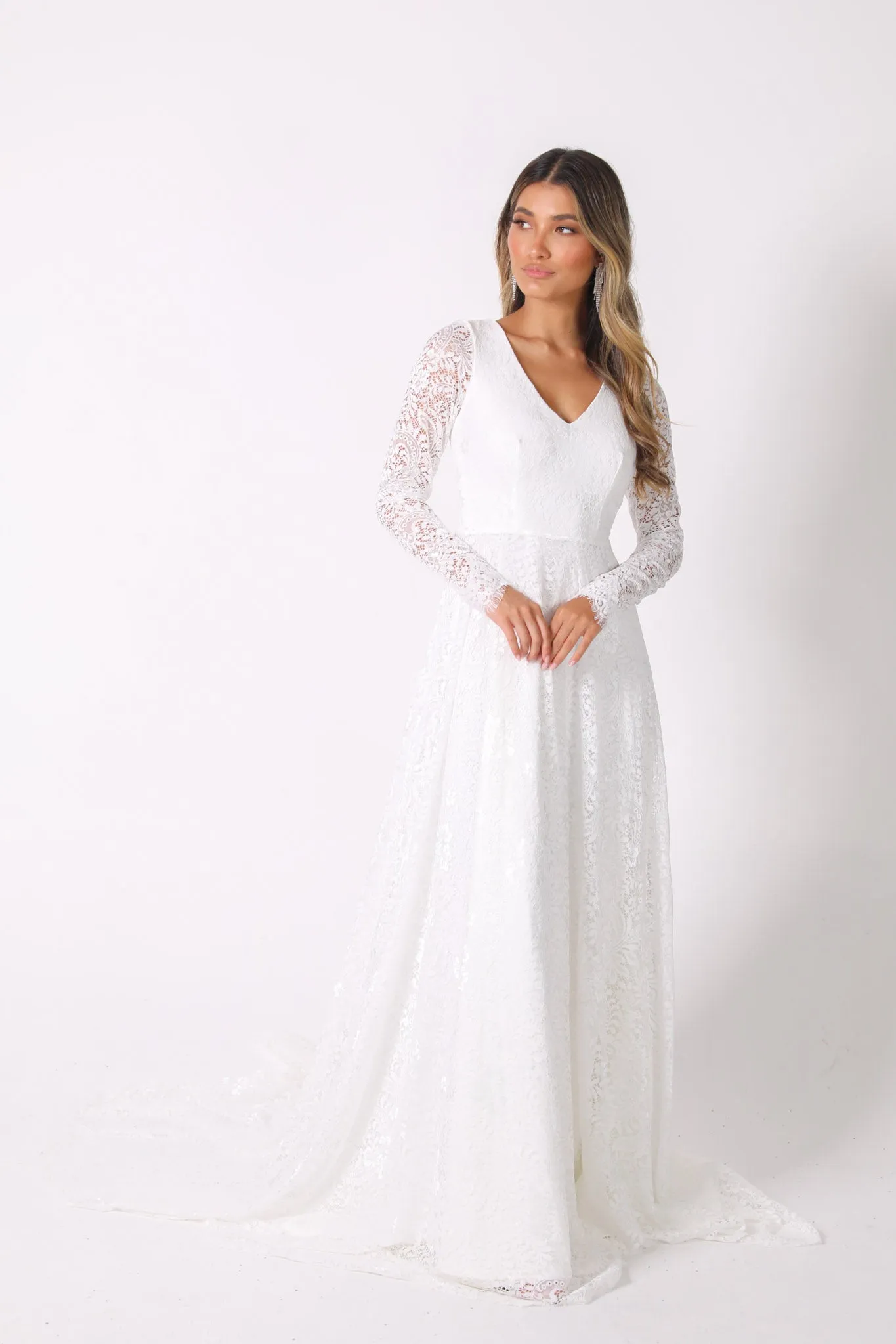 NISHA Long Sleeve A-Line Lace Gown - White