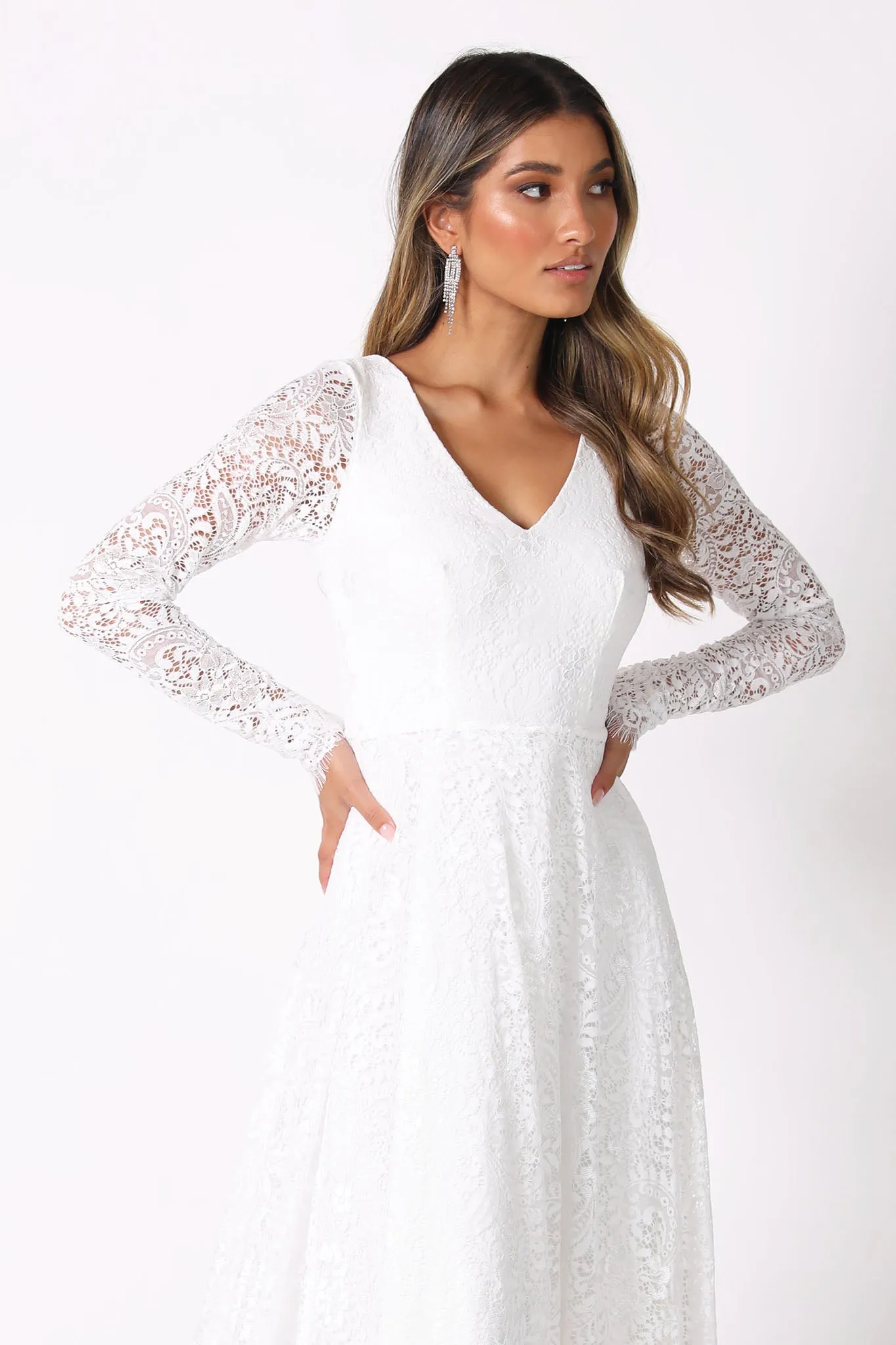 NISHA Long Sleeve A-Line Lace Gown - White