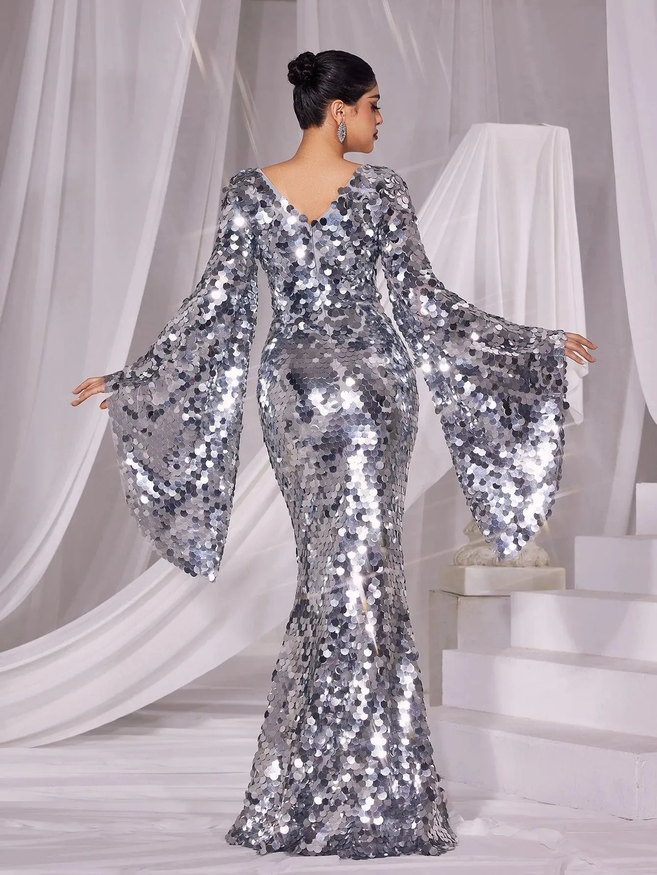 Plunging Neck Flared Sleeves Sequin Mermaid Dress