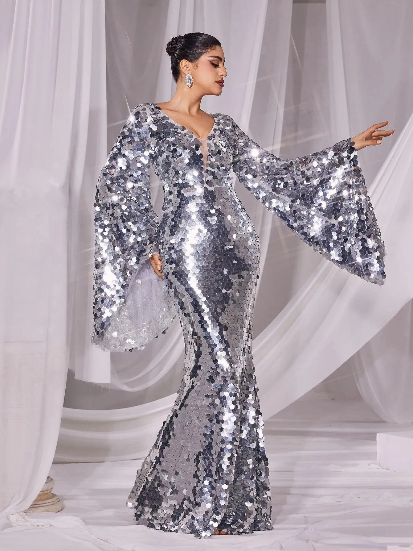 Plunging Neck Flared Sleeves Sequin Mermaid Dress