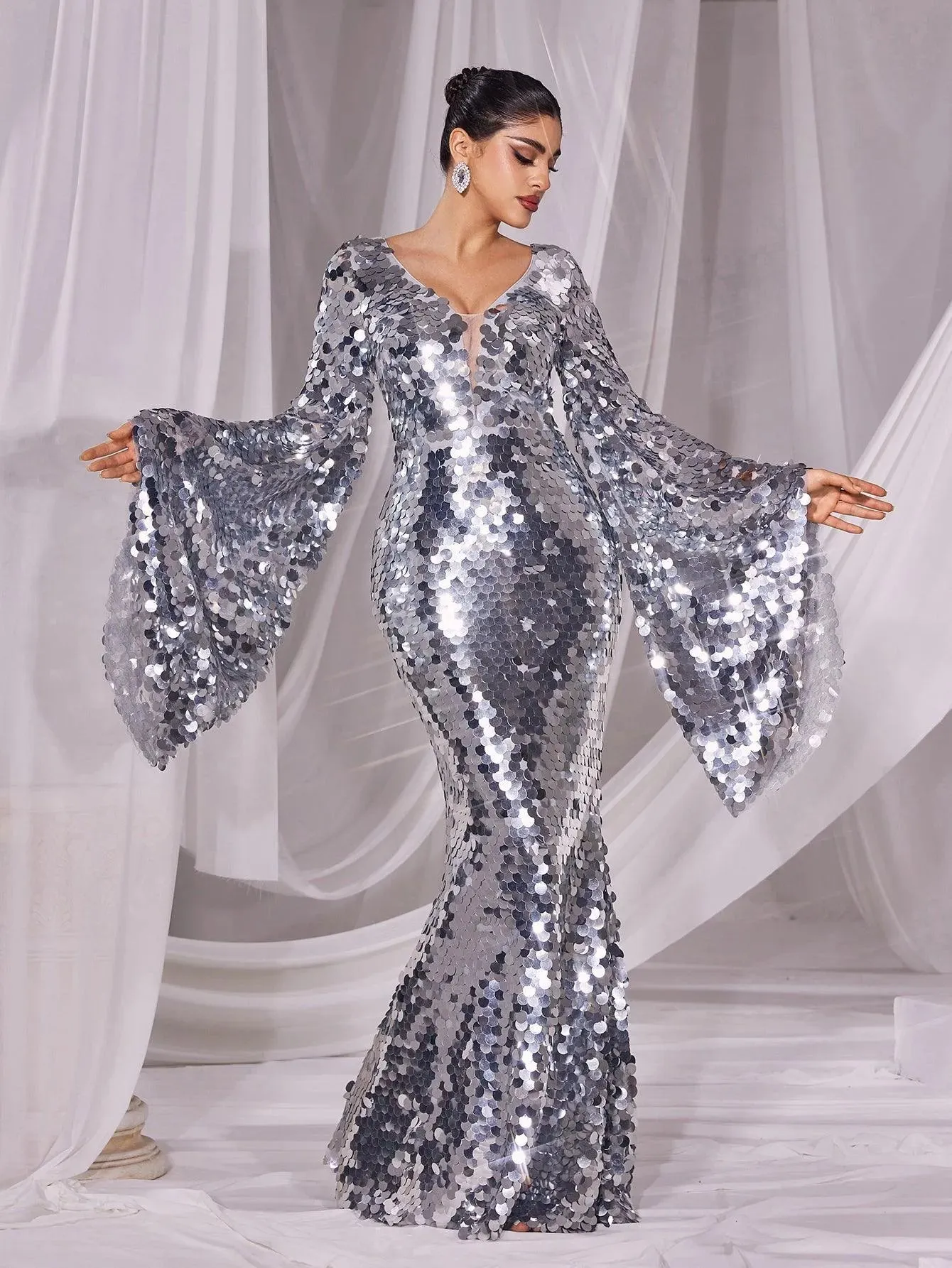 Plunging Neck Flared Sleeves Sequin Mermaid Dress