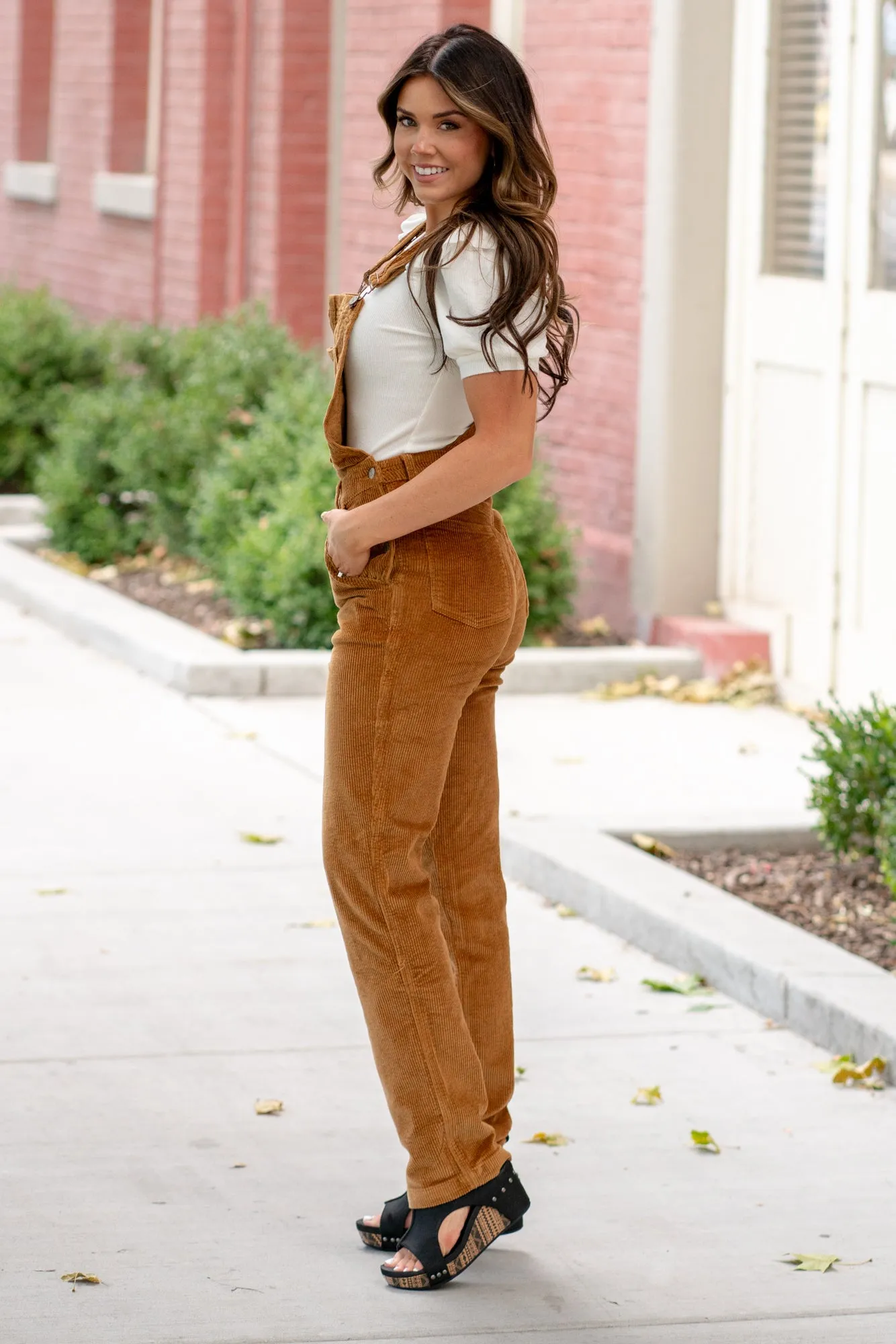 Plus Size Camel Corduroy Overall Straight Leg