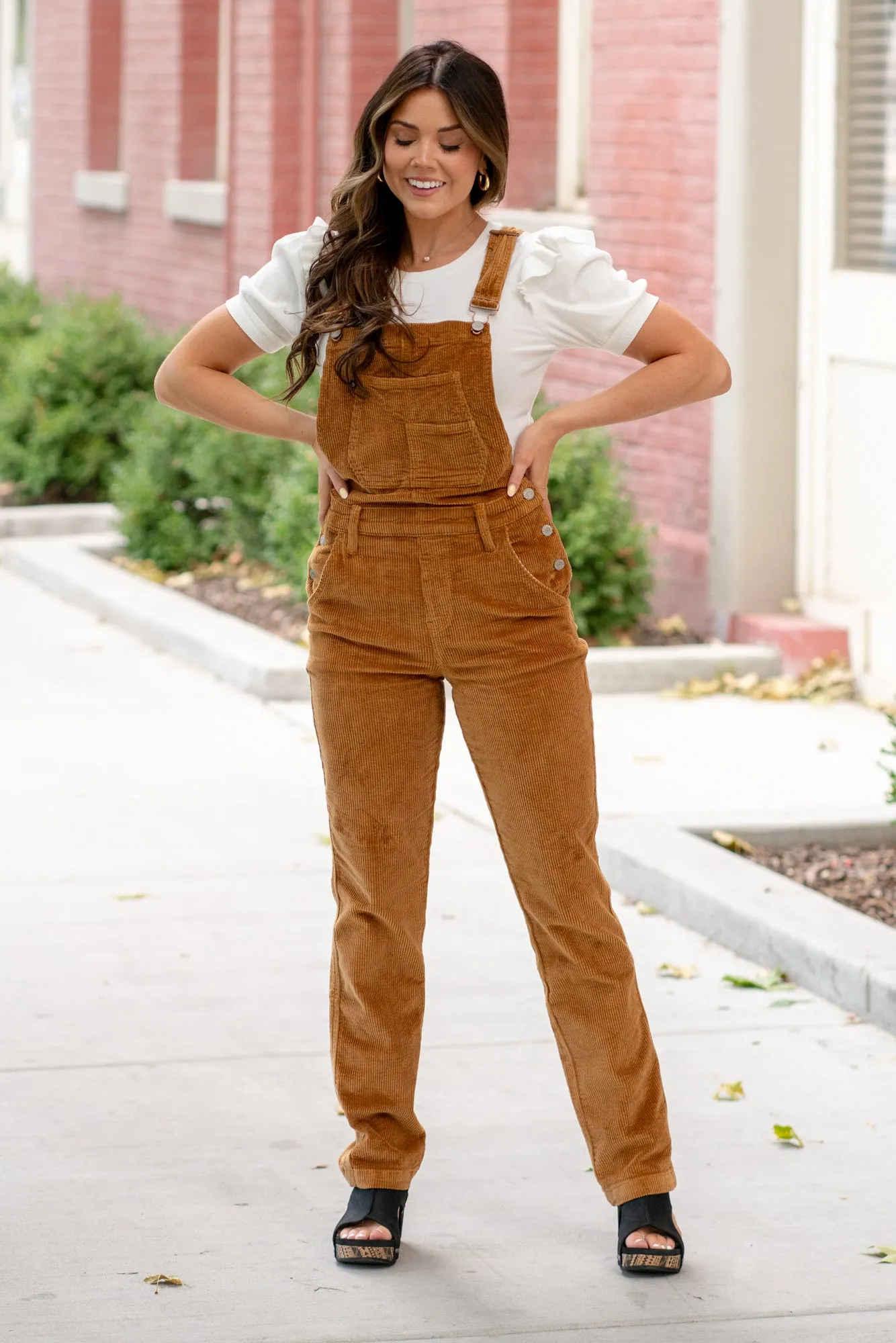 Plus Size Camel Corduroy Overall Straight Leg