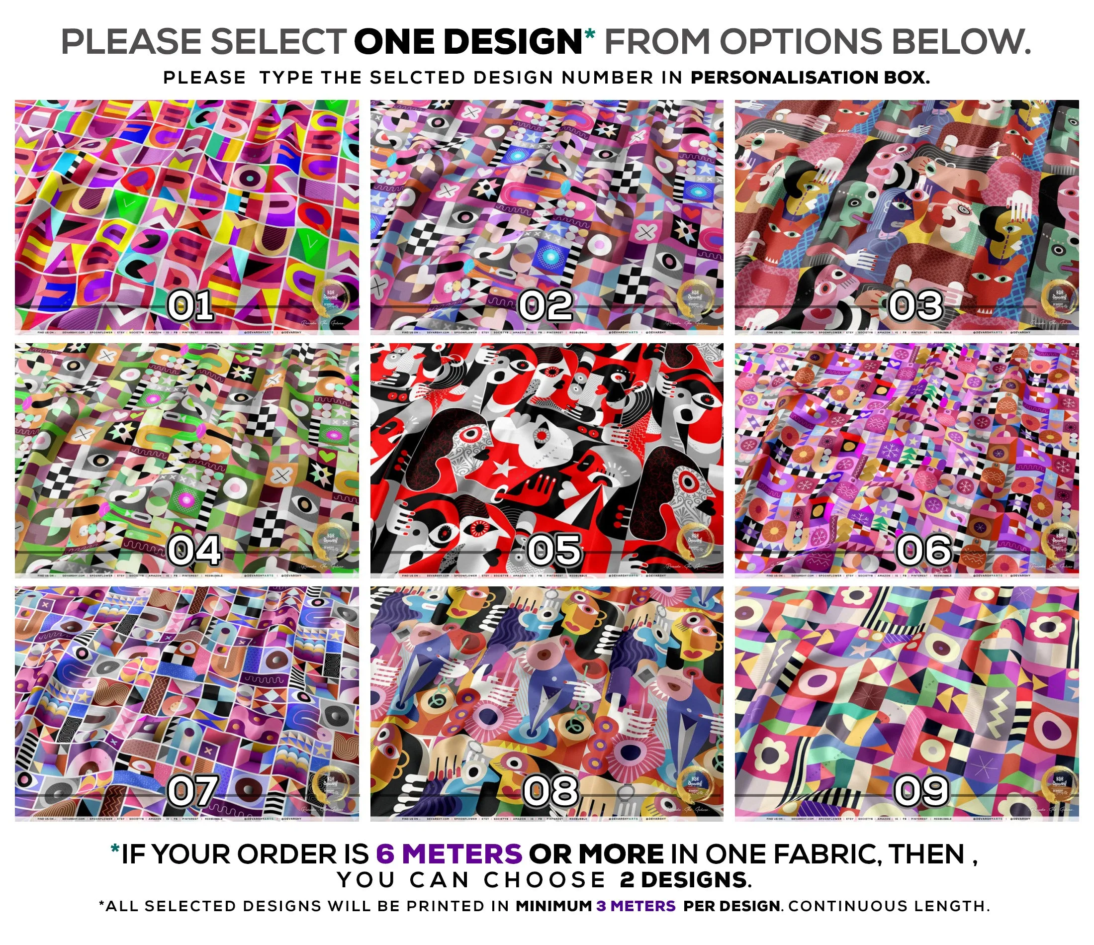 Pop Art Apparel Fabric 3Meters , 9 Designs | 8 Fabrics Option | Cubism Fabric By the Yard | 028