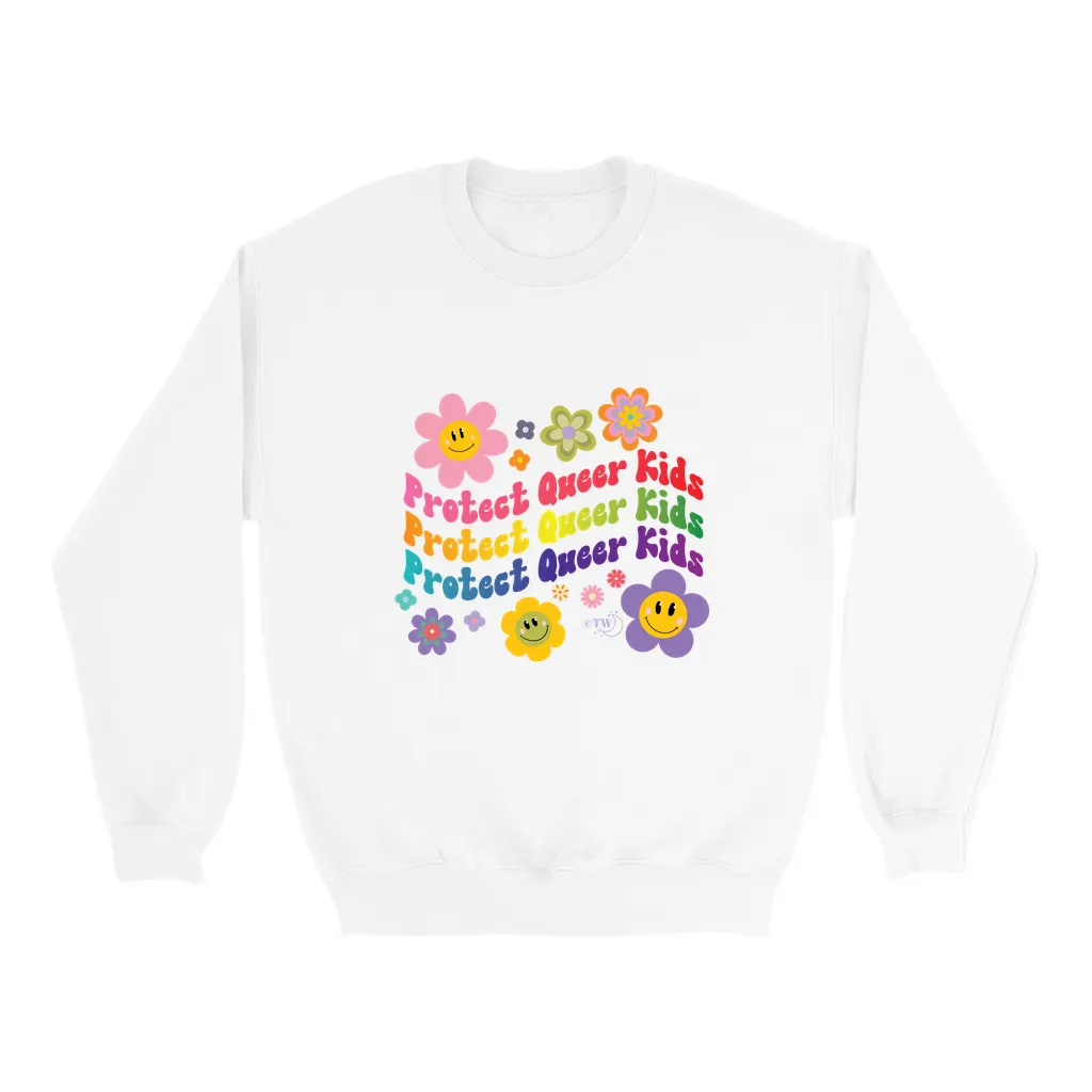 Retro Flowers Protect Queer Kids Crew Sweatshirt